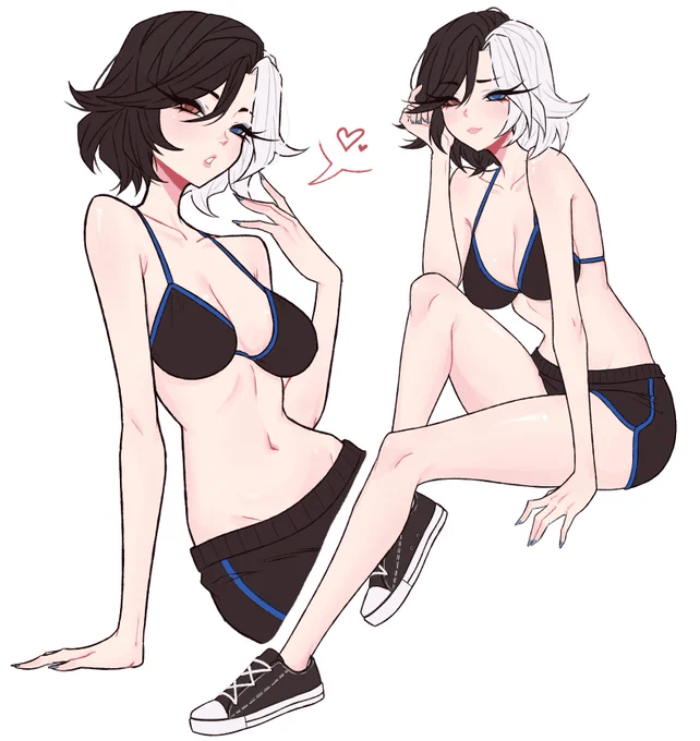 1girls, 2d, blowing kiss, bra, breasts, cleavage, dijor98, fanart, female, female only, female torso, heterochromia, luna snow, marvel, medium breasts, multicolored hair, panties, sneakers, sports bra, sports shorts, underwear