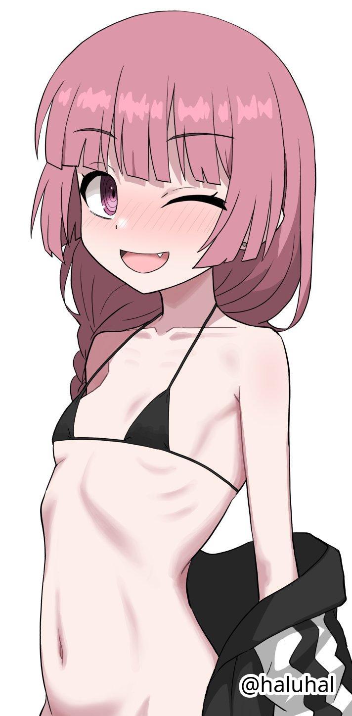 ;), 1girls, 2d, 2d (artwork), 2d artwork, adult, adult female, bare armpits, bare arms, bare belly, bare chest, bare hands, bare midriff, bare navel, bare shoulders, bare skin, belly, belly button, bikini, bikini top, black bikini, black bikini top, black coat, black jacket, black micro bikini, black string bikini, black swimsuit, black swimwear, blunt bangs, blush, blush face, blushing at viewer, blushing female, blushing lines, bocchi the rock!, braid, braided hair, braided ponytail, braids, breasts, coat, collarbone, digital, digital art, digital drawing, digital drawing (artwork), digital media, digital media (artwork), drawing, drugged, drunk, drunk blush, drunk female, drunken eyes, exposed armpits, exposed arms, exposed belly, exposed chest, exposed midriff, exposed navel, exposed shoulders, exposed skin, eye closed, eyebrows visible through hair, female, female focus, female only, flat belly, flat breasts, flat chest, flat chested, halterneck, haluhal, high resolution, highres, hiroi kikuri, inframammary fold, jacket, lean figure, long hair, looking at viewer, mature, mature female, micro bikini, midriff, narrow waist, navel, one eye closed, one eye open, open coat, open jacket, open mouth, open mouth smile, parted lips, petite, petite body, petite breasts, petite female, petite girl, petite tits, ponytail, purple eyes, purple hair, purple-eyed female, purple-haired female, ribs, shoulders, simple background, single braid, skinny, skinny female, skinny girl, skinny waist, slender body, slender waist, slim female, slim waist, small breasts, smile, smiley face, smiling, smiling at viewer, smooth chest, solo, standing, string bikini, swimsuit, swimwear, tongue, upper body, white background, wink, winking, winking at viewer, winking eye
