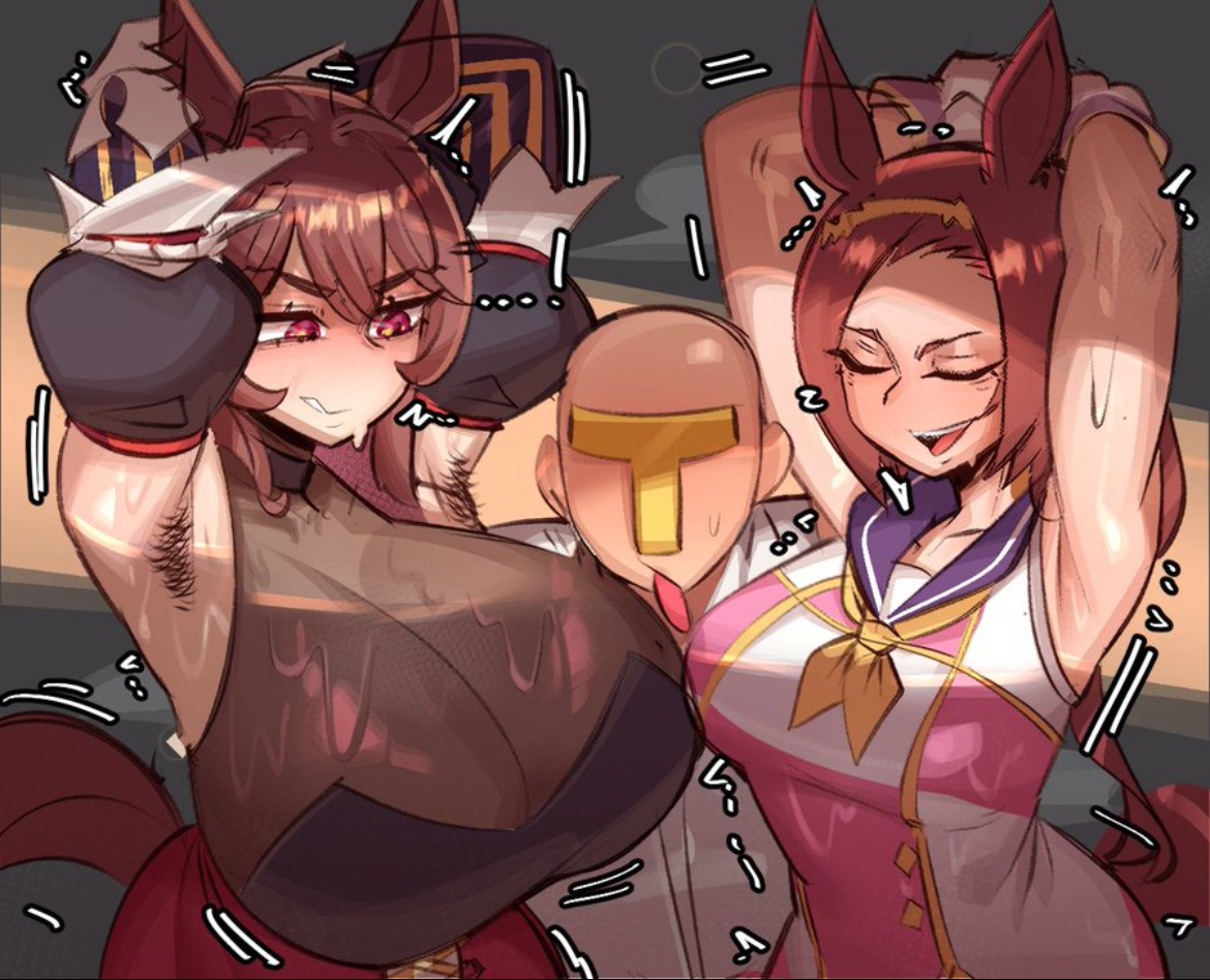 1boy, 2girls, armpit fetish, armpit hair, armpits, arms behind head, arms up, bakushin o armpit gif (meme), big ass forehead lmao, big breasts, big forehead, brown hair, busty female, face between breasts, female armpit hair, gentildonna (umamusume), hairy armpits, horse ears, horse girl, sakura bakushin o (umamusume), soora draws (artist), sweat, tagme, trainer (umamusume), umamusume, umamusume pretty derby