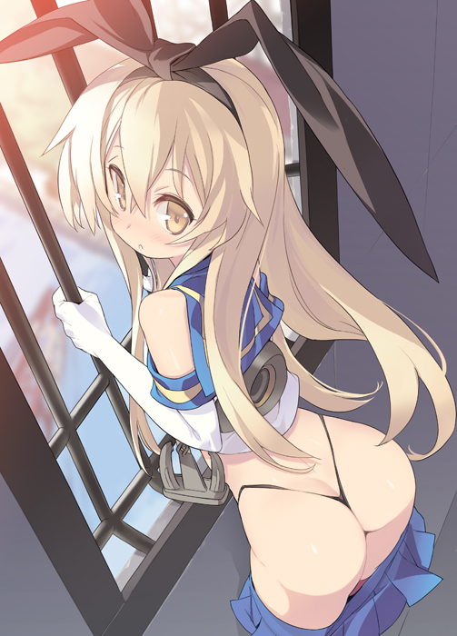 1girl, ass, ass focus, black panties, bratty, female, female focus, female only, flat chest, kantai collection, looking at viewer, looking back, petite, sailor uniform, shimakaze (kantai collection), slender body, solo, solo female, solo focus, thong, undressing