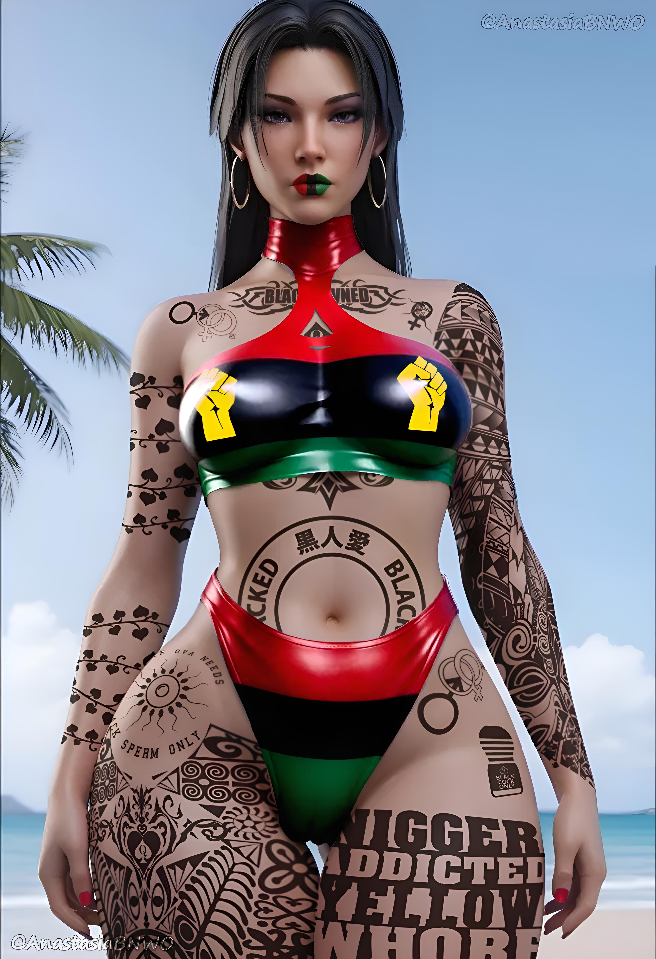 ai assisted, ai generated, asian female, beach, bikini, blacked, blacked asian, dreamcuc, edited, hoop earrings, marvel, marvel comics, marvel rivals, pan african colors, pan-african flag, pan-african flag bikini, psylocke, psylocke (sai) (vengeance), queen of spades, queen of spades symbol, rice, ricebunny, solo female, tatoos, the n word, x-men