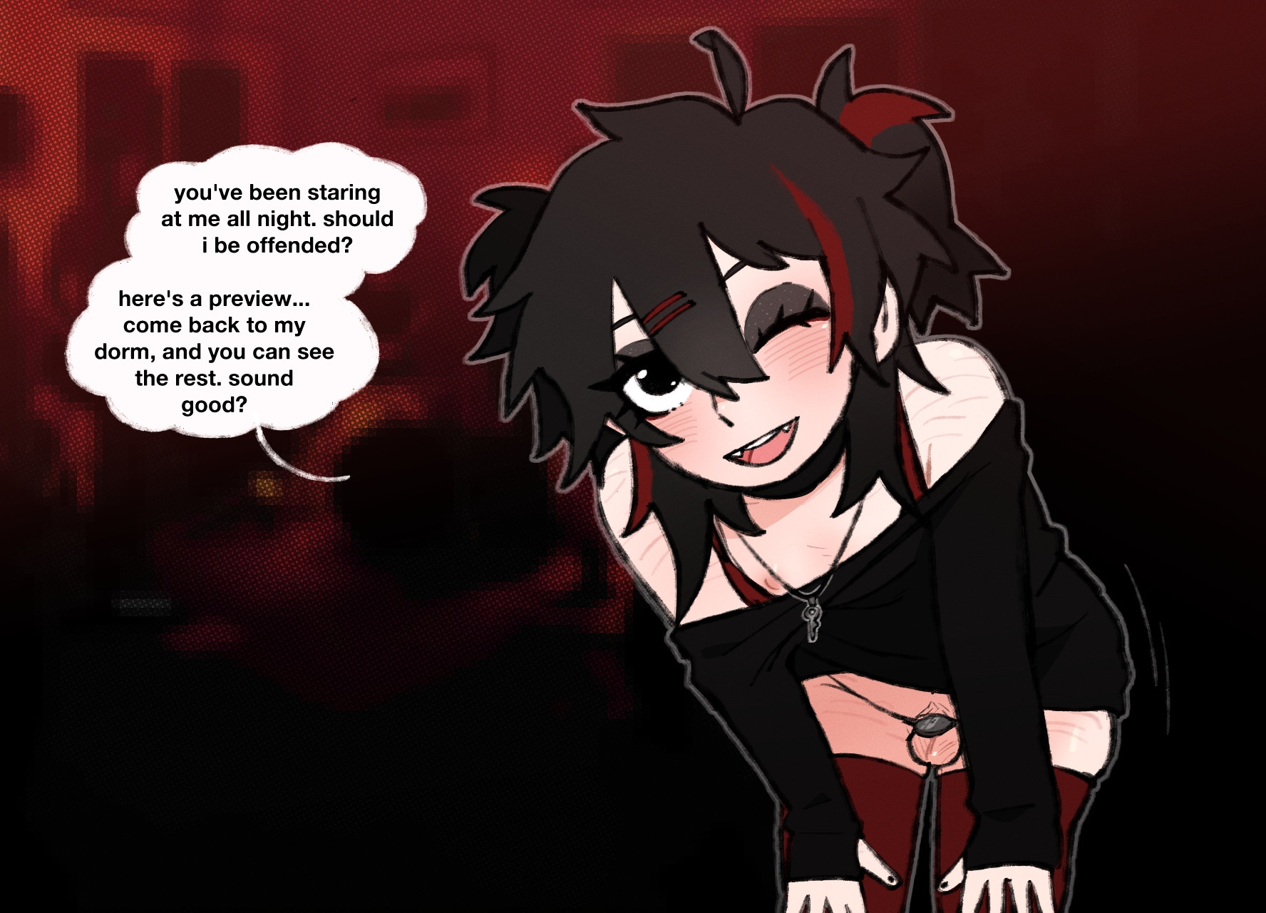 1dickgirl, 2d, 2d (artwork), akemi akai, bottomless, brown hair, brunette hair, chastity cage, chastity device, clothed, clothing, dialogue, dialogue box, dialogue bubble, dickgirl, eyelashes, eyeliner, flat chastity cage, flat chest, flat chested, hair, hair clips, human, nipples, original, original character, partially clothed, pupn1k, red highlights, skimpy, skimpy clothes, talking, talking to viewer, text, thighhighs, trans woman, transfem, winking, winking at viewer