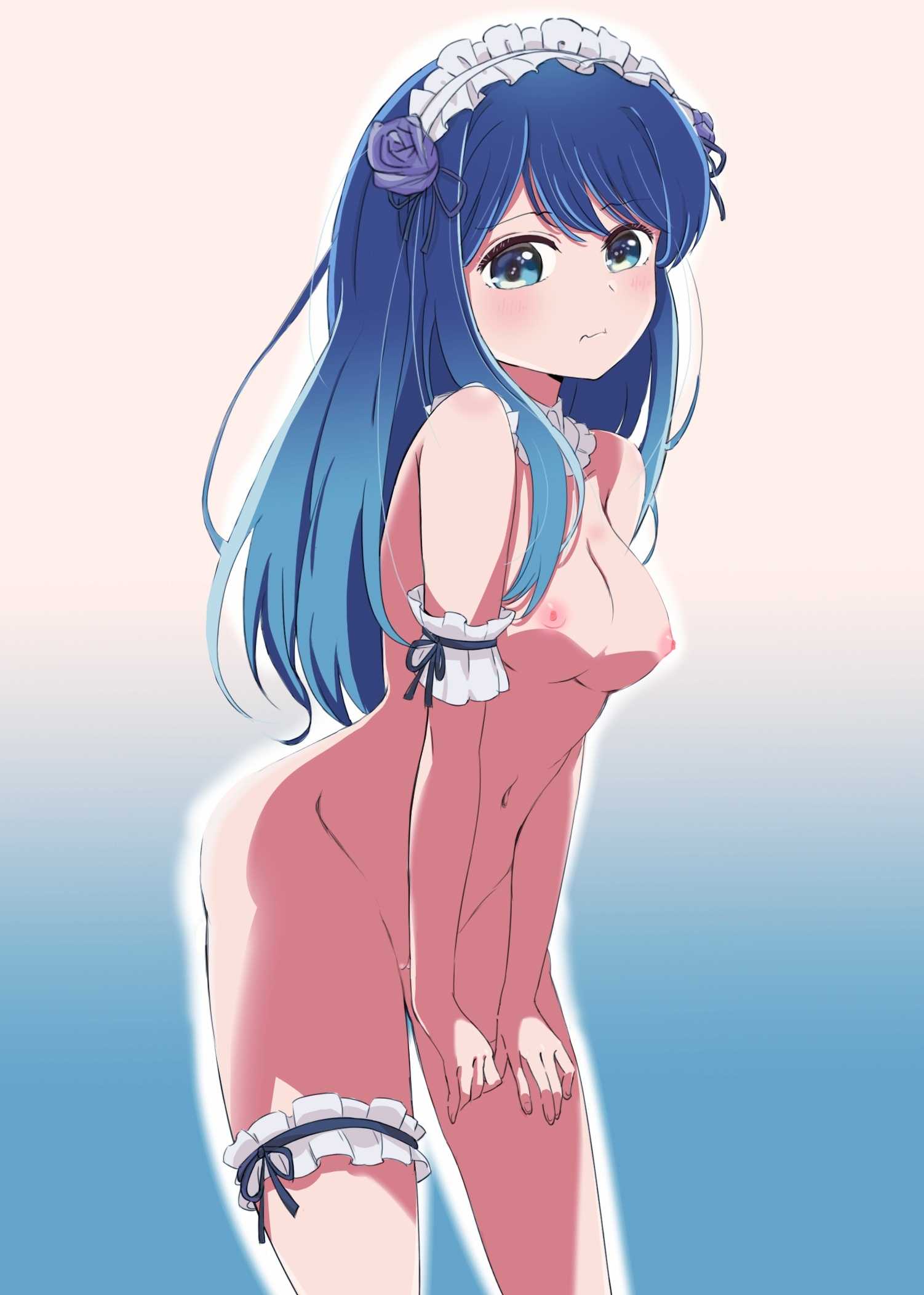:t, 1girls, 2d, 2d (artwork), 2d artwork, actress, areola, areolae, bare arms, bare belly, bare breasts, bare chest, bare hands, bare hips, bare legs, bare midriff, bare navel, bare nipples, bare pussy, bare shoulders, bare skin, bare thighs, bare tits, bare torso, belly, belly button, blue background, blue eyebrows, blue eyes, blue hair, blue-eyed female, blue-haired female, breasts, busty, busty female, busty girl, busty teen, busty teenager, cleft of venus, collarbone, completely naked, completely naked female, completely nude, completely nude female, curvaceous, curvaceous body, curvaceous female, curvaceous figure, curvaceous hips, curvaceous teenager, curvy, curvy body, curvy female, curvy figure, curvy hips, curvy teen, digital, digital art, digital drawing, digital drawing (artwork), digital media, digital media (artwork), drawing, exposed arms, exposed belly, exposed breasts, exposed chest, exposed hips, exposed legs, exposed midriff, exposed navel, exposed nipples, exposed pussy, exposed shoulders, exposed skin, exposed thighs, exposed torso, eyebrows visible through hair, female, female focus, female only, fingers, flower, flower hair ornament, flower in hair, flower on head, fully naked, fully nude, gradient background, groin, hair ornament, head tilt, high resolution, high school student, highres, inguinal crease, inguinal ligament, knees, kurokawa akane, kyomiko, large breasts, lean figure, leaning, leaning forward, long hair, looking at viewer, looking sideways, looking to the side, maid cap, maid headdress, midriff, naked, naked female, naked woman, narrow waist, navel, nipples, no sex, nude, nude female, nudity, oshi no ko, pink areola, pink areolae, pink nipples, pout, pouting, pouting at viewer, pouting lips, pouty lips, pussy, pussy lips, school girl, schoolgirl, shoulders, simple background, slender body, slender waist, slim female, slim waist, solo, standing, teen girl, teenage female, teenage girl, teenage nipples, teenage pussy, teenage tits, teenager, thighband, thighs, tilted head, too many tags, topless, topless female, uncensored, uncensored breasts, uncensored nipples, uncensored pussy, uncensored vagina, upper body, vulva, vulva line, white background, wide hips, young female, young woman
