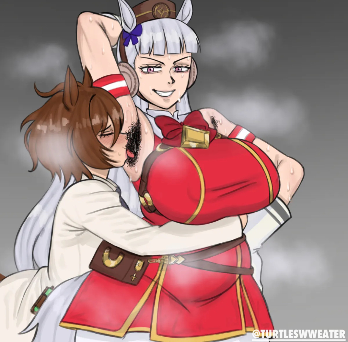 agnes tachyon (umamusume), arm up, armpit fetish, armpit licking, artist request, bakushin o armpit gif (meme), big breasts, brown hair, disgusting, female, female armpit hair, female only, female/female, fetish art, gold ship (umamusume), hairy armpits, hand on head, horse ears, horse tail, licking armpit, nipple bulge, silver hair, tongue out, umamusume, umamusume pretty derby, yuri