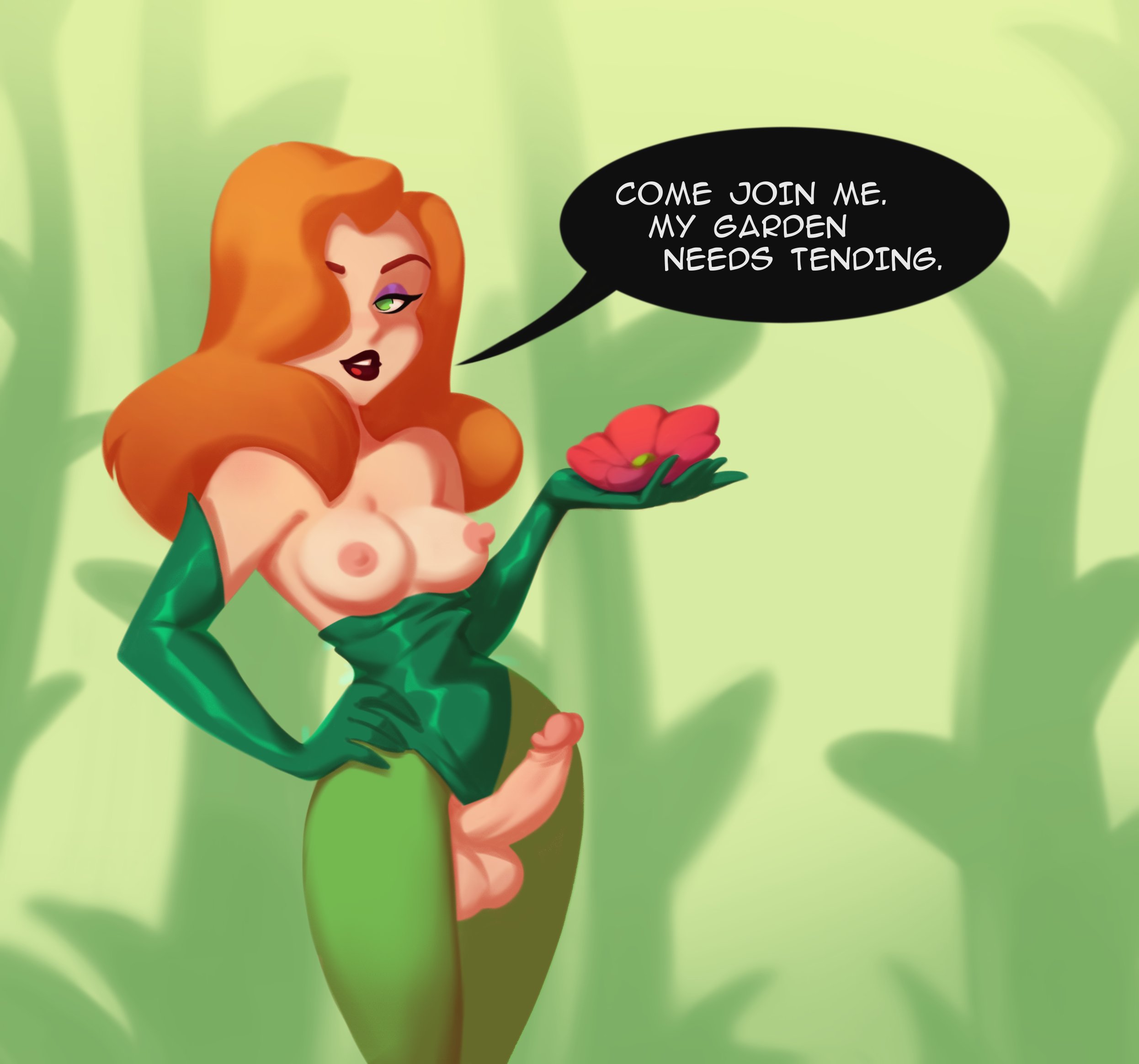 1futa, areolae, balls, batman (series), batman: the animated series, big breasts, breasts, breasts out, clothed, clothing, dc, dc comics, dcau, dialogue, elbow gloves, english, english text, erection, flower, furraniko, futa only, futanari, gloves, human, intersex, inviting, leotard, light skin, light-skinned futa, nipples, pale skin, partially clothed, penis, poison ivy, poison ivy (dcau), solo, source request, speech bubble, standing, text