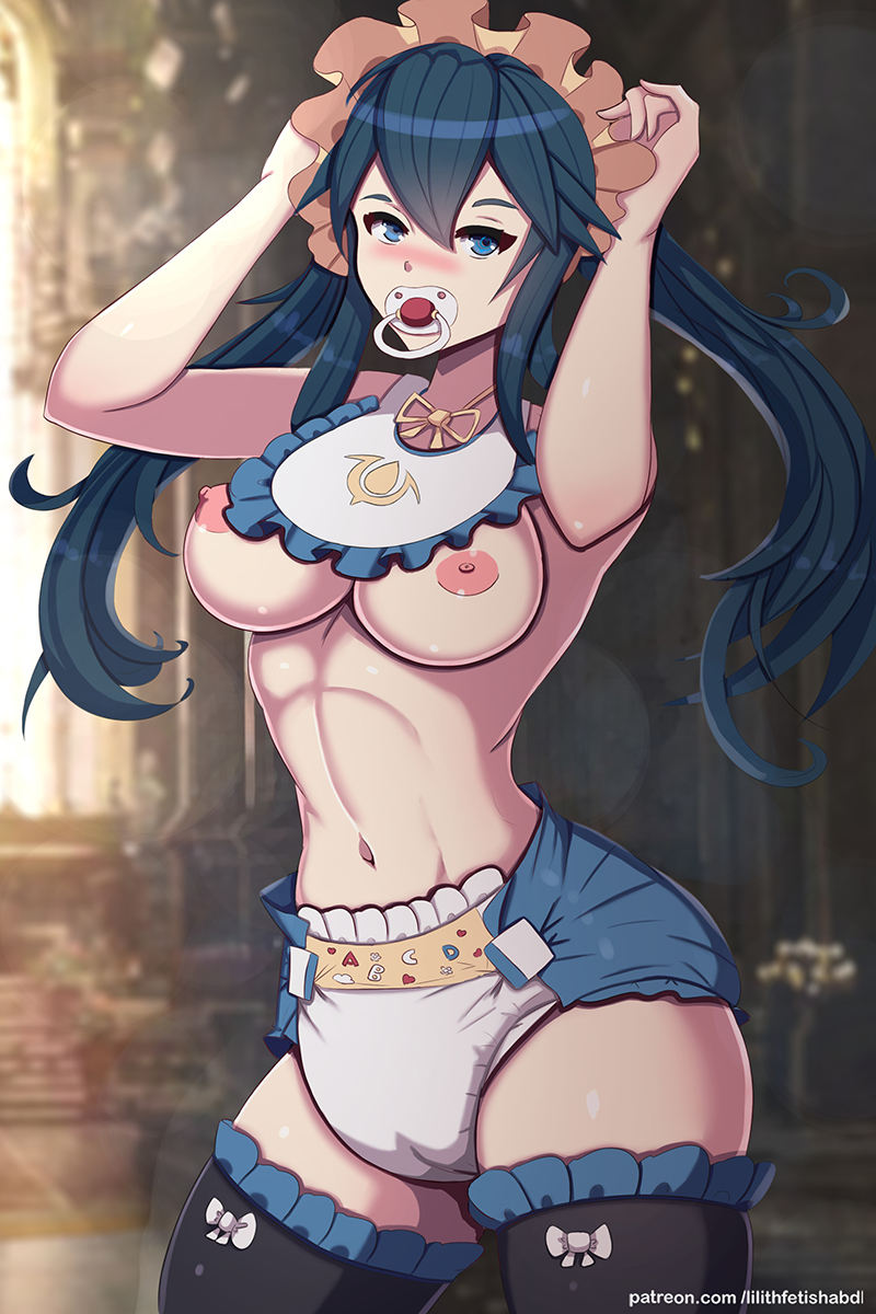 1girls abdl arms_up bare_midriff bare_thighs blue_eyes blue_hair blush diaper female_only femsub fire_emblem fire_emblem_awakening humiliation indoors infantilism lilith-fetish long_hair lucina_(fire_emblem) medium_breasts midriff mind_control nintendo nipples pacifier peeing peeing_self solo thighhighs thighs topless twintails urine