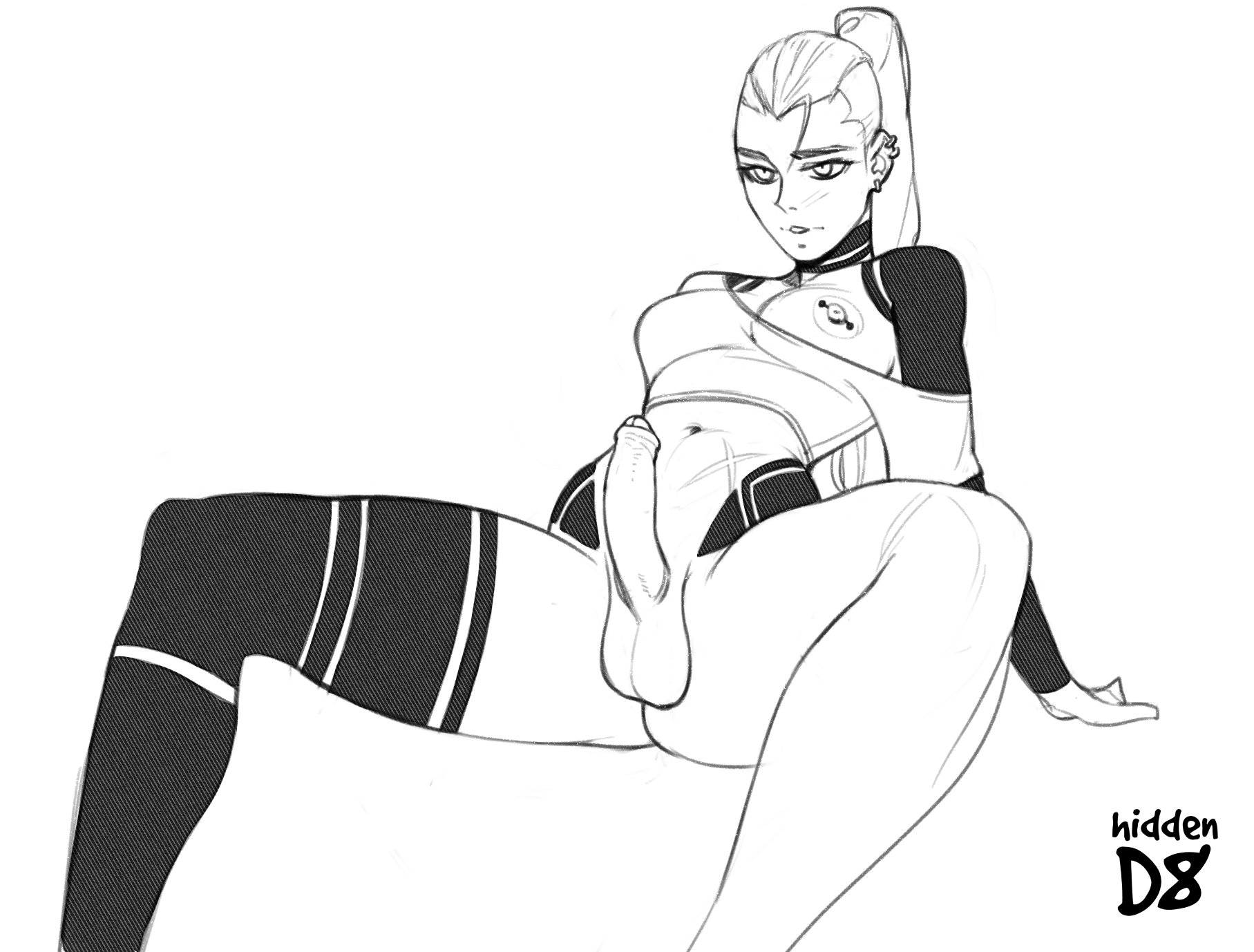1futa, bottomless, breasts, clothed, clothing, erection, foreskin, futa only, futanari, hiddend8, human, intersex, medium breasts, medium penis, nipple piercing, nipples, partially clothed, penis, piercing, solo, spread legs, tagme, uncircumcised