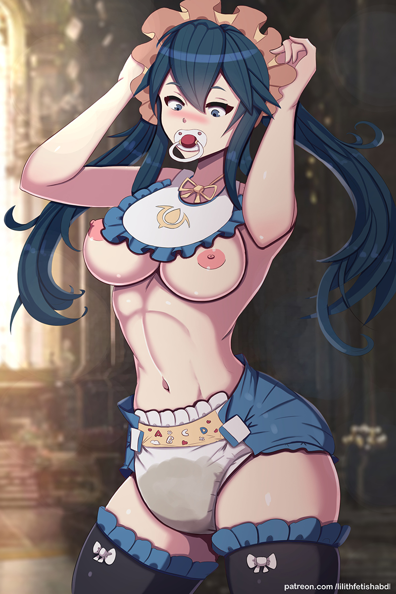 1girls abdl arms_up bare_midriff bare_thighs blue_eyes blue_hair blush diaper female_only femsub fire_emblem fire_emblem_awakening humiliation indoors infantilism lilith-fetish long_hair lucina_(fire_emblem) medium_breasts midriff mind_control nintendo nipples pacifier peeing peeing_self solo thighhighs thighs topless twintails urine