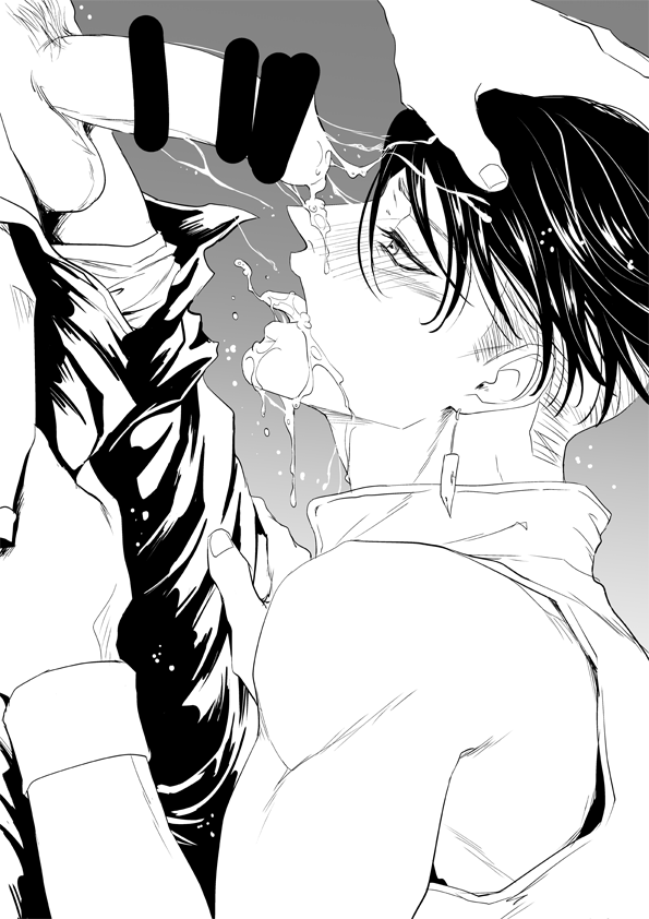 2boys bar_censor bare_shoulder censored clothes_pull cum diamond_is_unbreakable earrings facial greyscale head_out_of_frame jewelry jojo's_bizarre_adventure josuke_higashikata male_focus monochrome multiple_boys no_headband pants pants_pull penis rohan_kishibe shoulder sumo_(komokomo1201) tongue tongue_out undercut yaoi