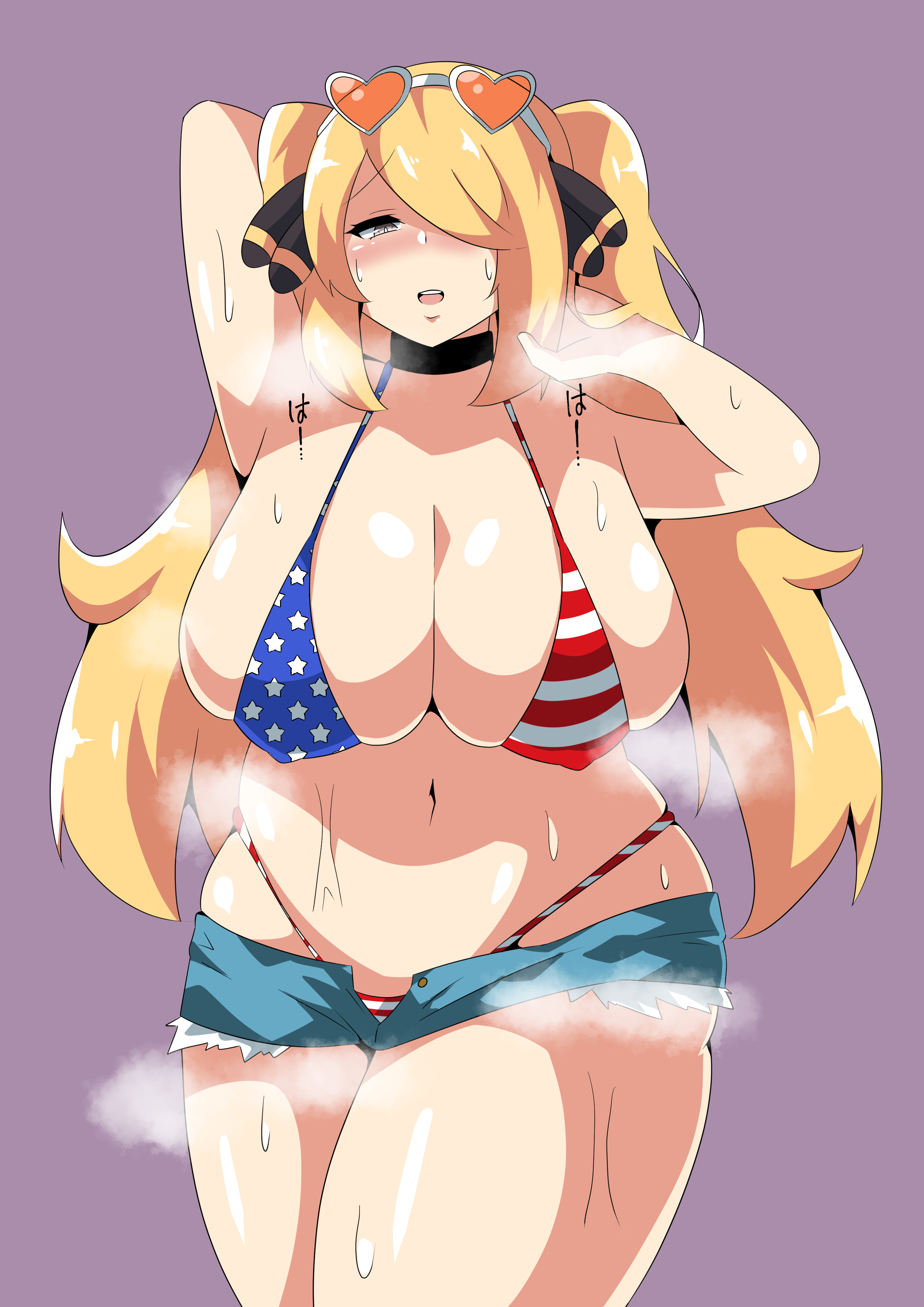 1girls, 2022, alternate breast size, american flag bikini, arms up, belly button, bikini, blonde hair, blush, booty shorts, breasts, cielr18, cleavage, cynthia (pokemon), female, female only, hair ornament, hair over one eye, hi res, huge breasts, jean shorts, long hair, looking at viewer, micro bikini, nintendo, open shorts, pokemon, pokemon dppt, short shorts, shorts, simple background, sunglasses, sunglasses on head, sweat, sweaty body, thick thighs, thighs, twintails, very high resolution