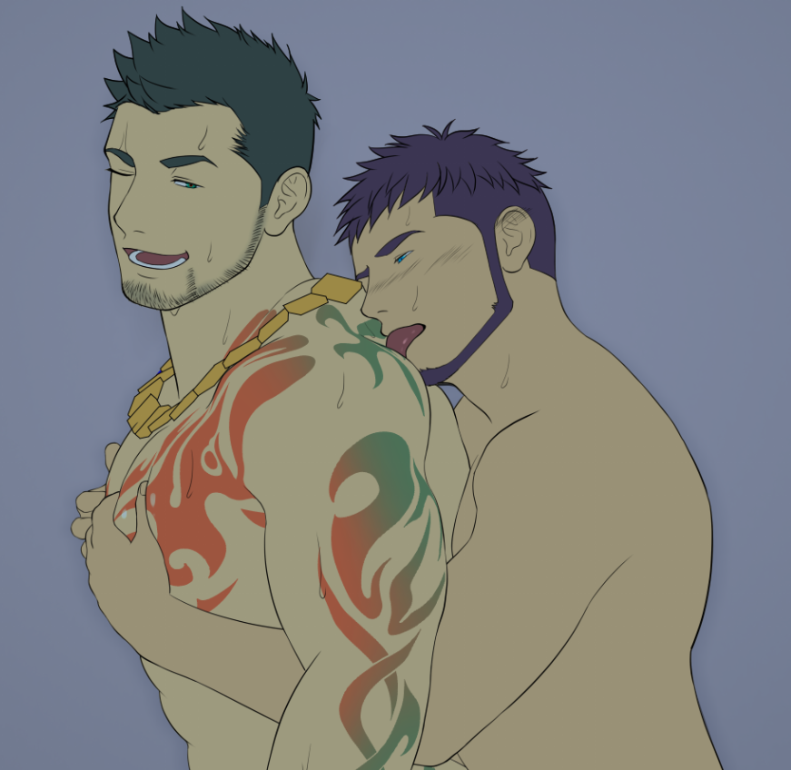 2boys arcanist_(gyee) bara blush facial_hair gay grabbing gyee hug jashin_doruton licking male male/male male_focus male_only multiple_boys muscular muscular_male pectoral_grab pectorals priapus priapus_a._tarou purple_hair smile sweat tattoo yaoi