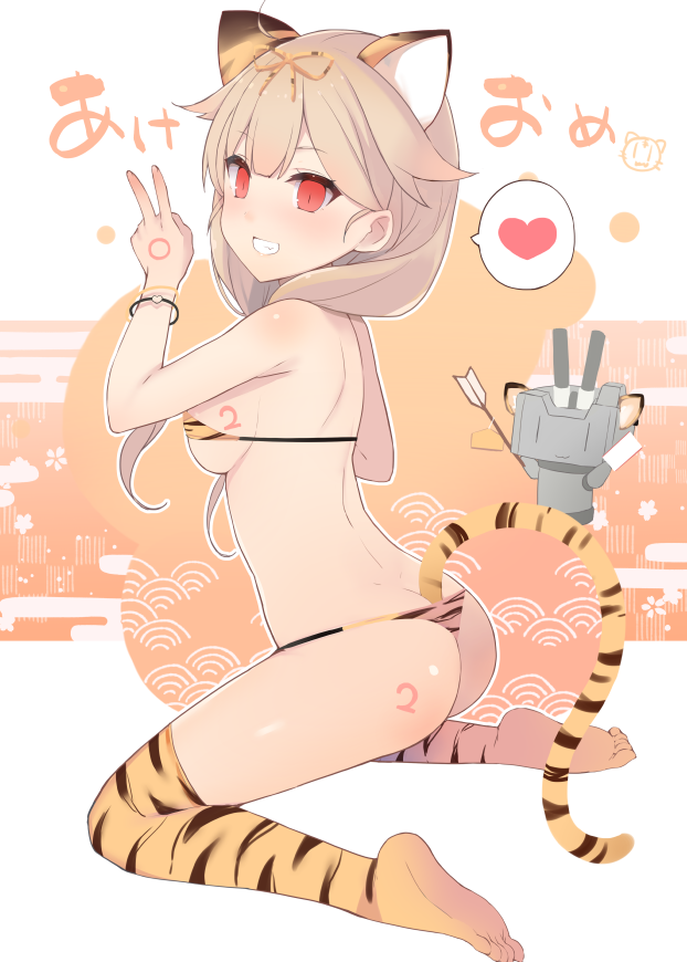 2022 alternate_costume animal_ears animal_print ass bangs bare_arms bare_shoulders bikini blonde_hair blush body_writing breasts chinese_zodiac female grin hair_between_eyes heart kantai_collection long_hair looking_at_viewer medium_breasts new_year red_eyes shin_(new) smile solo spoken_heart string_bikini swimsuit tail thighhighs tiger_ears tiger_print tiger_tail v year_of_the_tiger yuudachi_(kantai_collection)