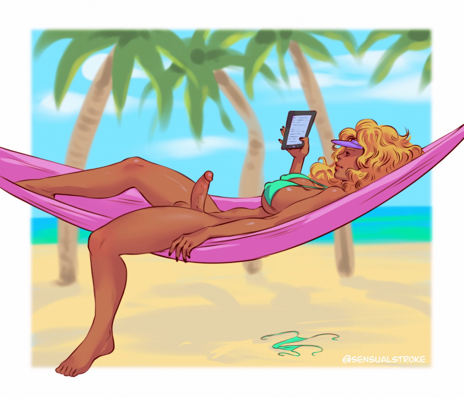 1futa, beach, big breasts, blonde hair, bottomless, breasts, clothed, clothing, dark skin, dark-skinned futa, erection, futa only, futanari, hammock, human, intersex, long hair, medium penis, mostly nude, on back, penis, sensualstroke, solo, tagme