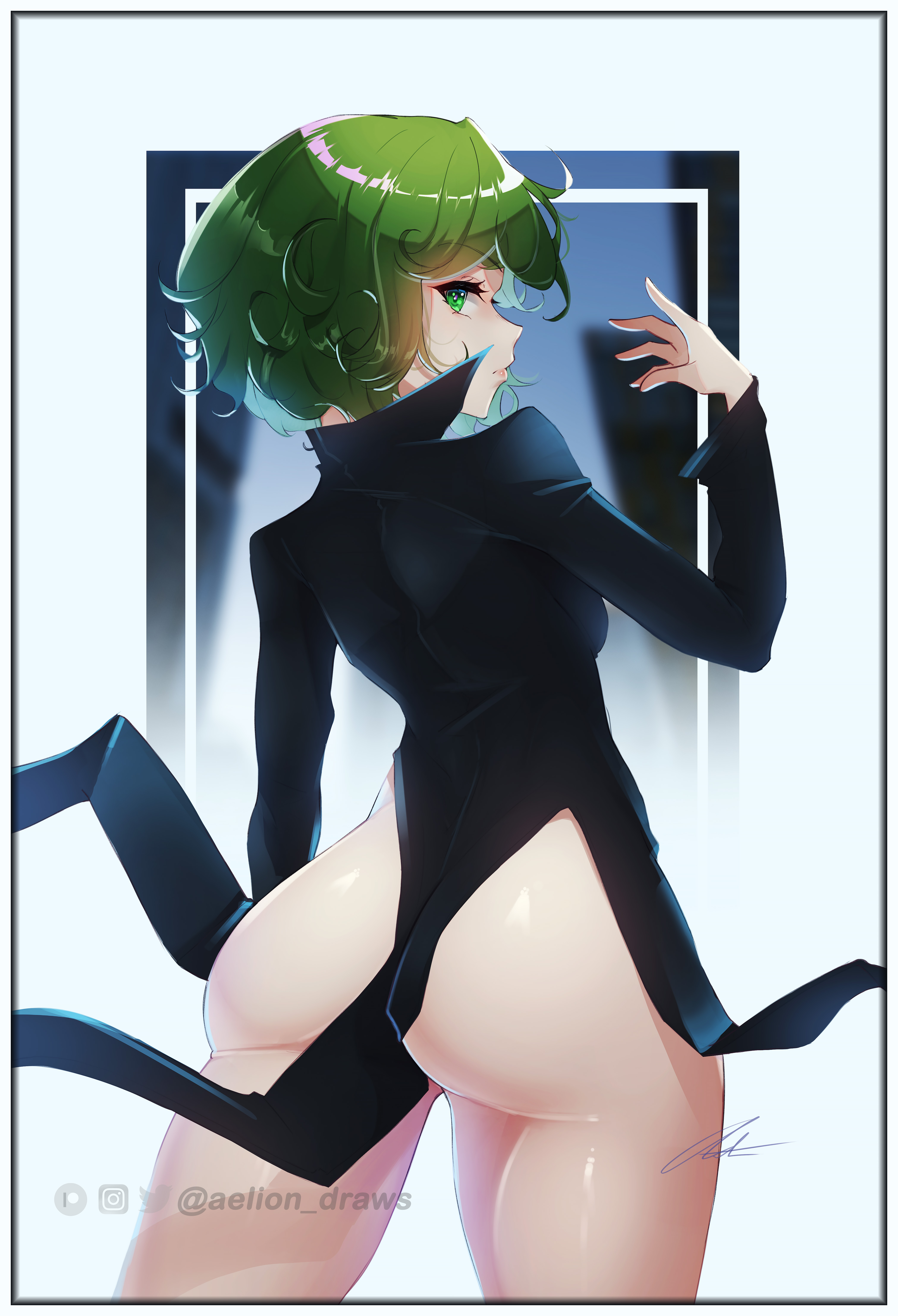 1girls, absurd res, aelion draws, ass, big ass, big butt, female, green eyes, green hair, high resolution, looking back, one-punch man, petite, short hair, solo, standing, tatsumaki, thick thighs, thighs