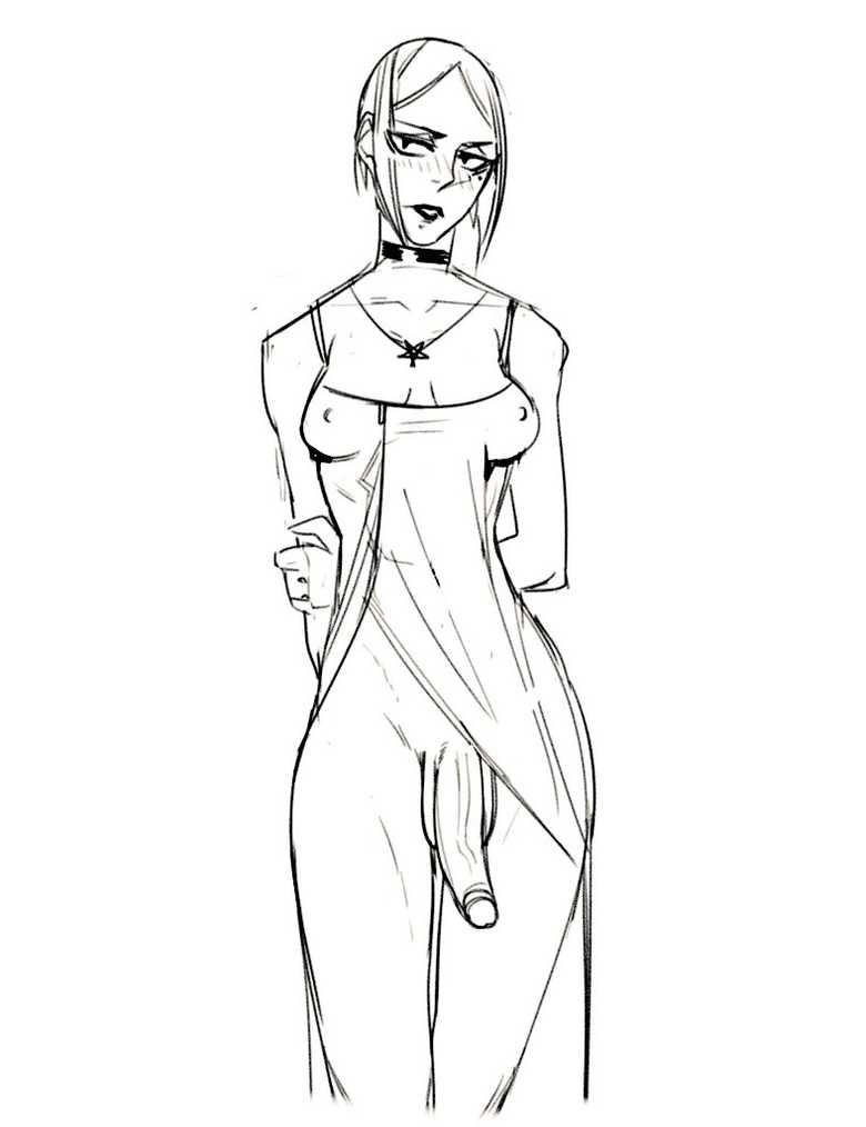 1futa, balls, bottomless, breasts, breasts apart, clothed, clothing, dress, elise (hiddend8), erection, futa only, futanari, hiddend8, intersex, medium breasts, monochrome, nipple bulge, partially clothed, penis, sketch, solo, standing, tagme