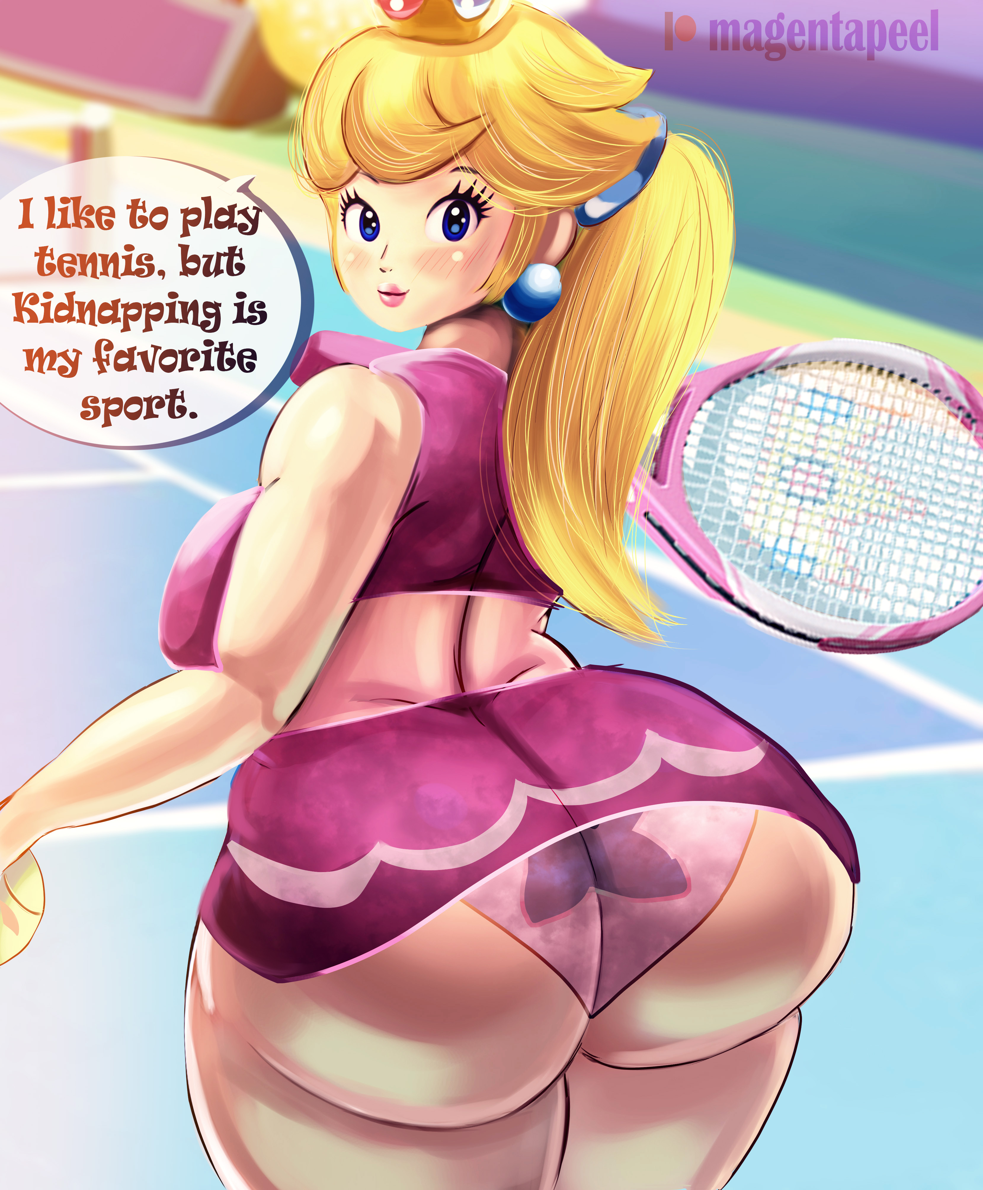 1girls, ass, big ass, big breasts, blonde hair, blue eyes, breasts, bubble ass, bubble butt, chubby, chubby female, english text, female, female only, huge ass, huge breasts, large breasts, magentapeel, mario (series), mario tennis, milf, nintendo, panties, princess peach, seductive, seductive smile, smelly ass, tennis uniform, text