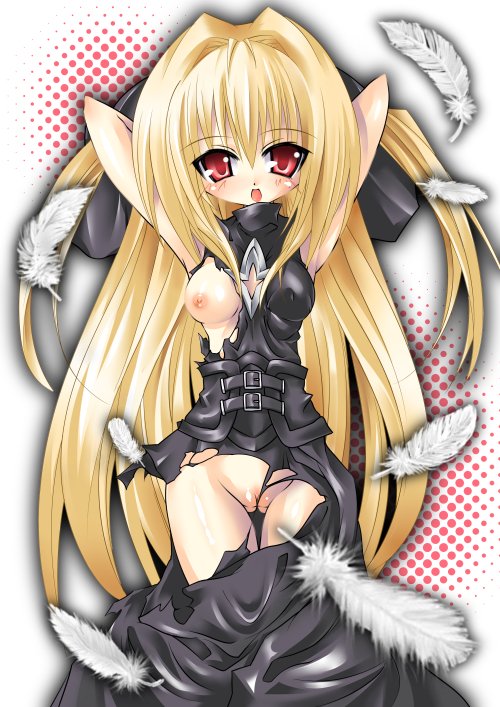 arms_up blonde_hair feathers female golden_darkness large_breasts megamouth_system pussy red_eyes solo to_love-ru to_love-ru_darkness torn_clothes white_feathers