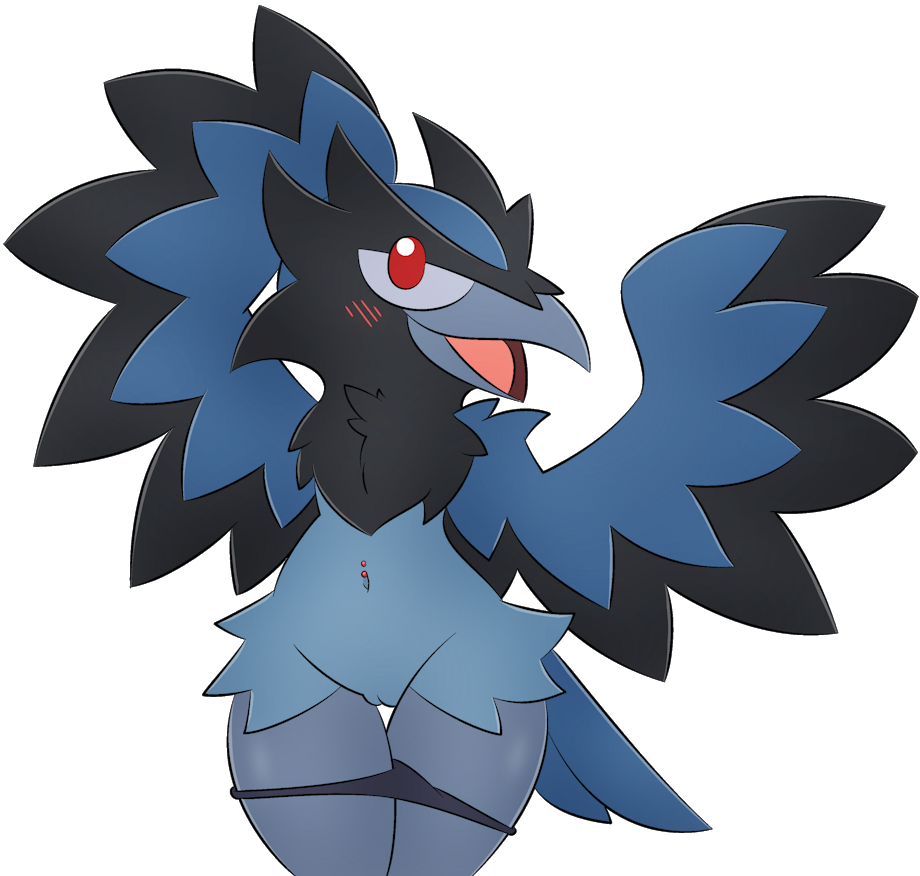 anthro arms_up bare_chest bird blue_fur blush corvisquire crow cute feathered_wings female looking_at_viewer nintendo nude panties_down piercing plain_background pokémon_(species) pokemon pokemorph pussy red_eyes smile solo tagme wings zinzoa