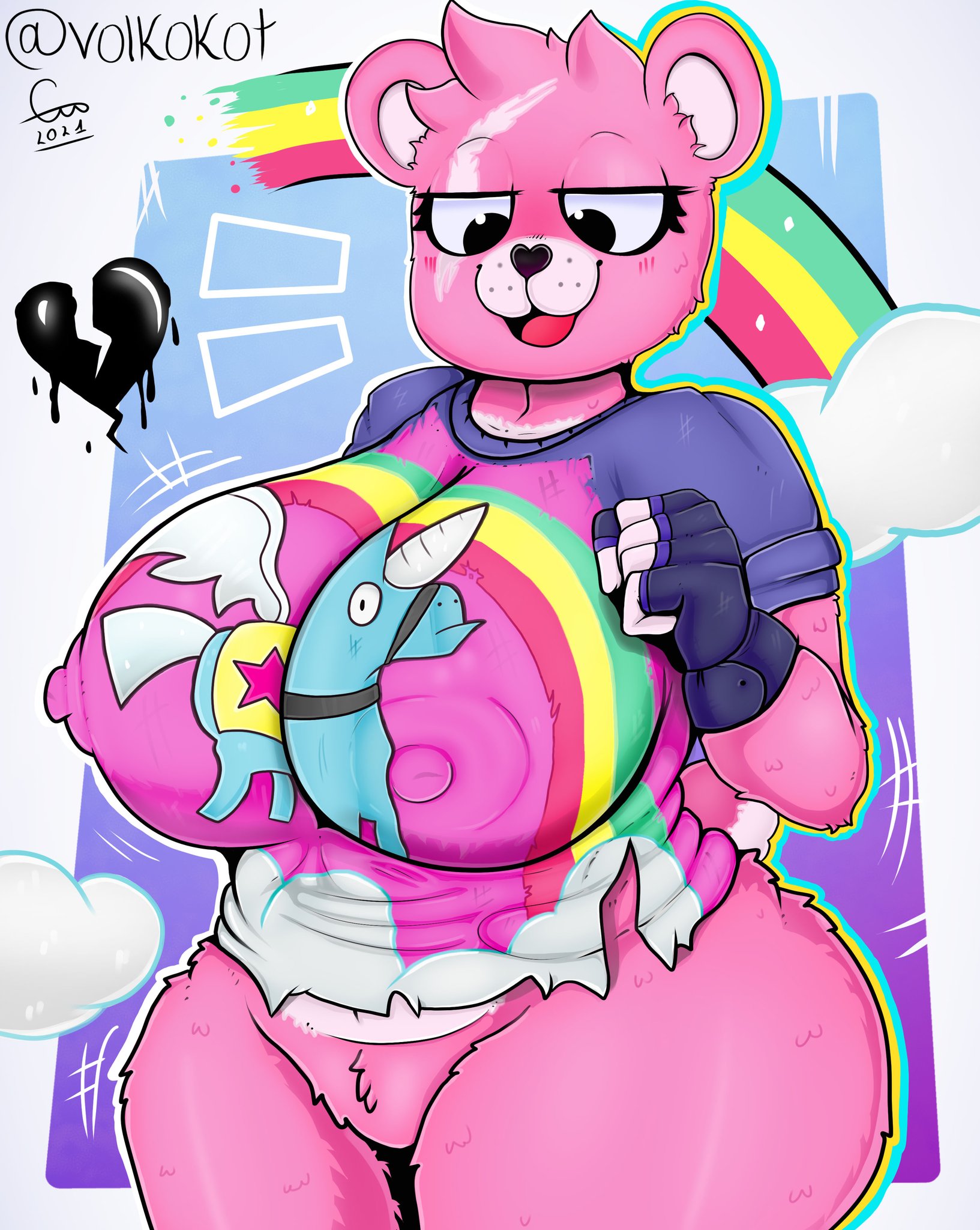 black eyes, bottomless, cuddle team leader, fortnite, fortnite: battle royale, furry, heart, nipples, nipples visible through clothing, pantless, pantsless, pink fur, pink tail, rainbow, ripped clothing, skin tight, tail, tail tuft, thick thighs, thighs, volkokot, white tail