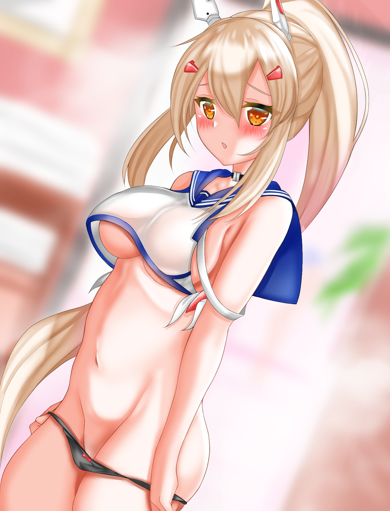 1girls, adjusting clothes, adjusting panties, ass, ayanami (azur lane), azur lane, bangs, black panties, blurry, blush, breasts, choker, cleavage, commentary request, depth of field, eyes visible through hair, female, groin, hair between eyes, hair ornament, hairclip, headgear, highres, kidon (zenokidon), light skin, light-skinned female, long hair, looking at viewer, medium breasts, midriff, navel, orange eyes, panties, panty pull, parted lips, ponytail, retrofit (azur lane), sakura empire (azur lane), school uniform, serafuku, sideboob, sidelocks, silver hair, solo, underboob, underwear