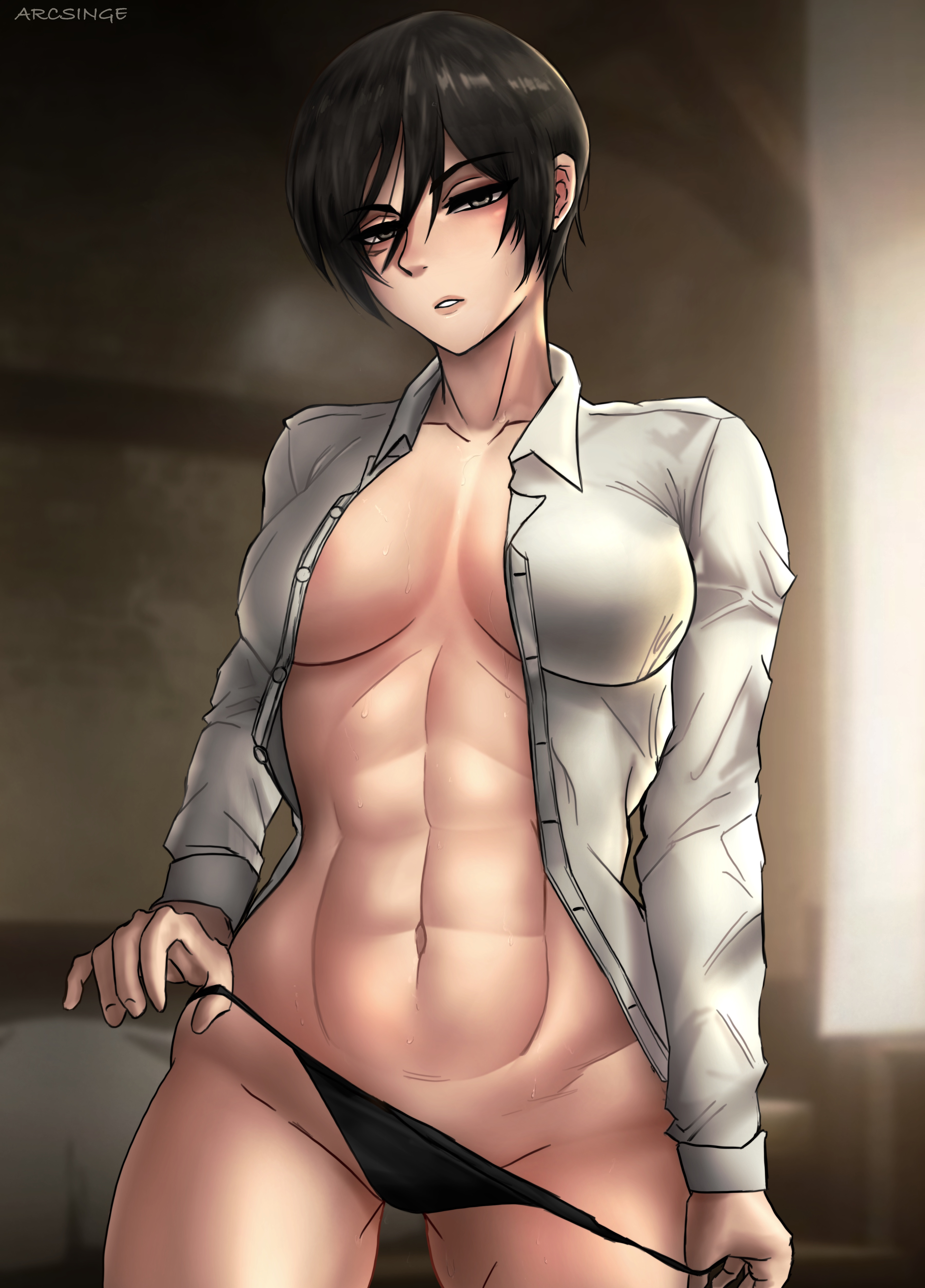 1girls, abs, arcsinge, attack on titan, big breasts, breasts, eye contact, female, looking at viewer, mikasa ackerman, muscular, muscular female, panties, shingeki no kyojin, short hair, solo, thick thighs, thighs