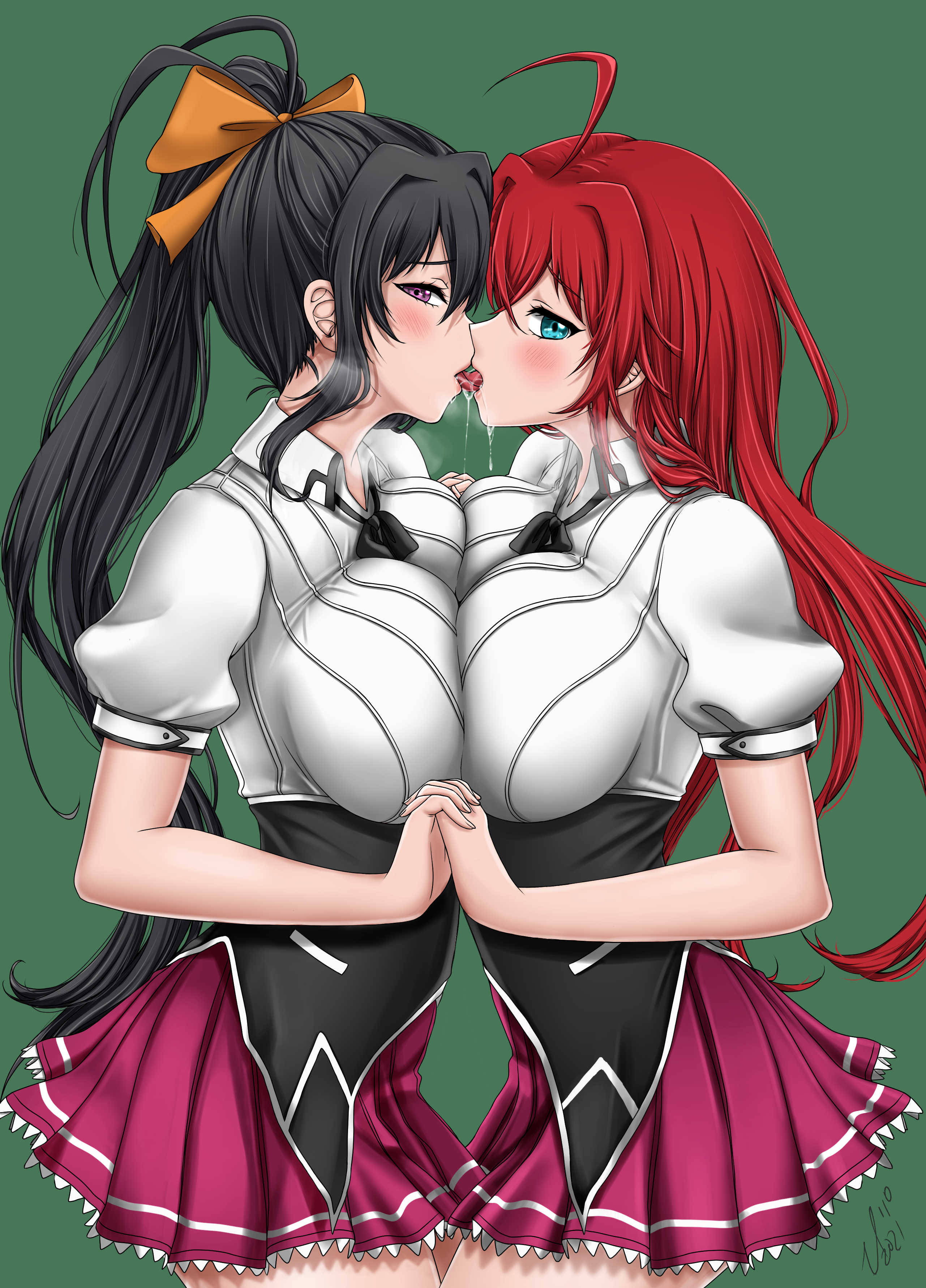 2girls, akeno himejima, baileymcpatty, big breasts, black hair, blank background, blue eyes, blush, breast press, breasts, busty, curvy, curvy female, female, female only, high school dxd, holding hands, huge breasts, kissing, long hair, looking at viewer, ponytail, purple eyes, red hair, rias gremory, saliva, saliva drip, school uniform, shirt, skirt, sweat, symmetrical docking, thick thighs, voluptuous, yuri