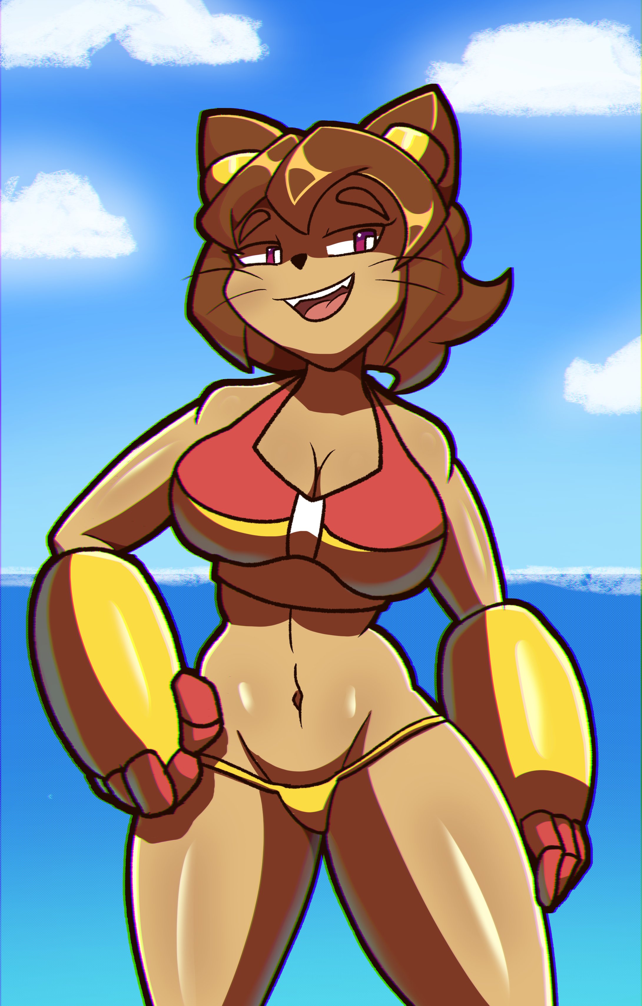 1girls, 2026, 2d, 2d (artwork), 2d artwork, ass, beach, beige body, beige skin, big ass, big breasts, bikini, breasts, brown hair, brown hair female, brown-haired female, brunette, brunette female, brunette hair, brunette-haired female, cat, cat ears, cat girl, cat humanoid, cat nose, catgirl, digital media (artwork), fangs, female, female only, gameoverse, gauntlets, glitch productions, glove, gloves, hand on hip, kit (gameoverse), kit bodega, mechanical glove, mechanical gloves, mostly nude, mostly nude female, nude, nude female, ocean, pose, posing, posing for the viewer, robveemo, rubberross, seducing, seduction, seductive, seductive body, seductive eyes, seductive gaze, seductive look, seductive mouth, seductive pose, seductive smile, solo, thick thighs, thighs, whiskers