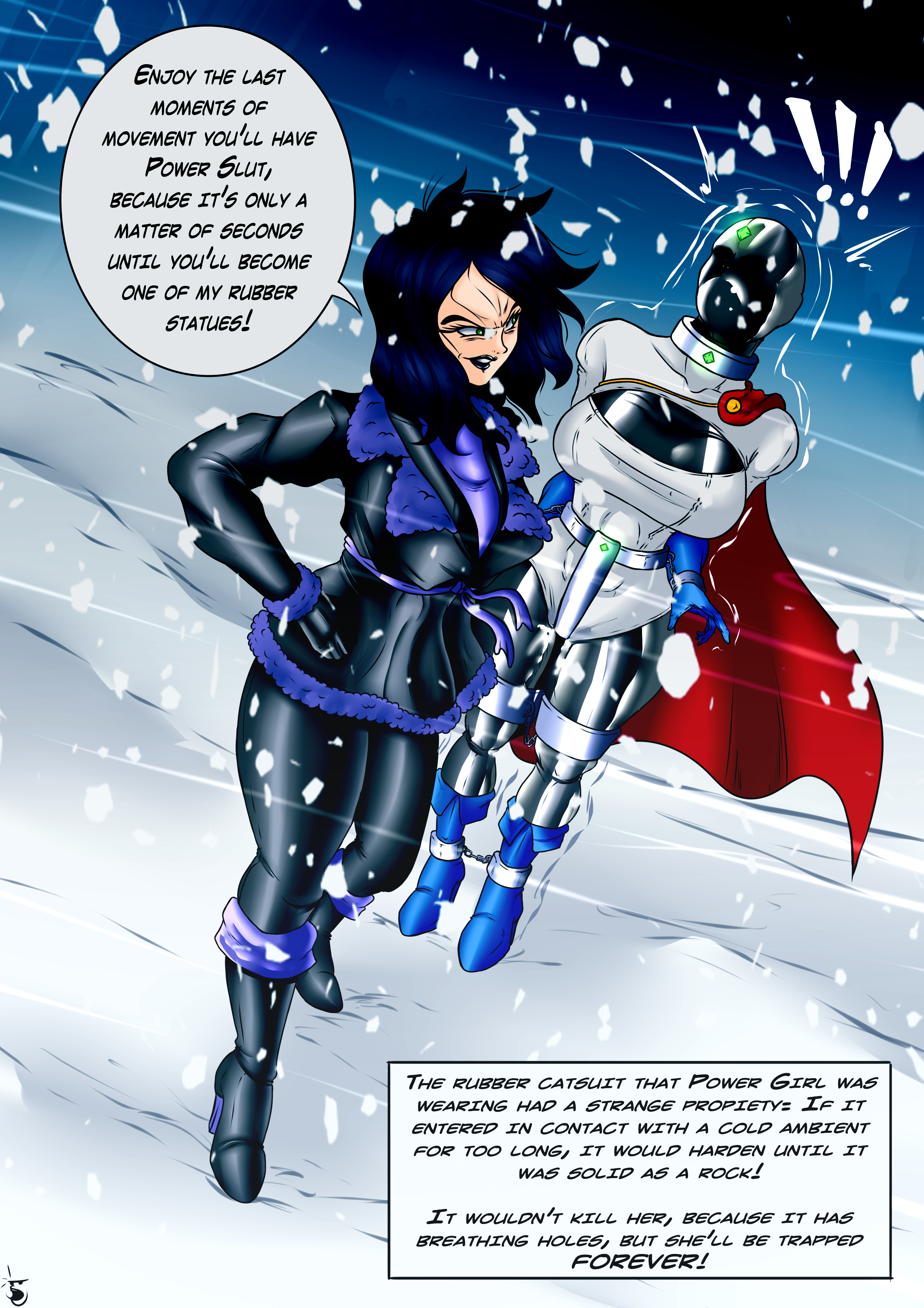 black gloves, black hair, blue gloves, bondage, bondage gear, bondage outfit, chained, chains, dc, dc comics, encasement, female, gag, gloves, latex clothing, latex suit, leather, leather clothing, leather gloves, leather jacket, oc, outside, peril, permanent, permanent bondage, power girl, predicament bondage, rubber, rubber clothing, rubber suit, santaima z, superman (series), text, text bubble, villain, winter