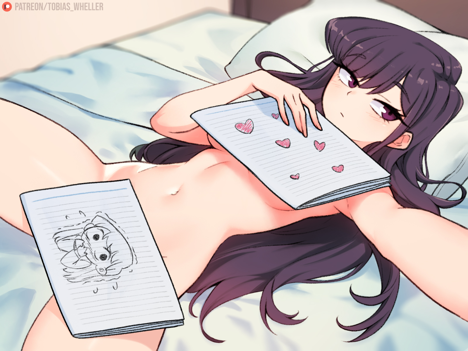 1girls, breasts, completely naked, completely nude, covering breasts, covering crotch, covering pussy, covering with object, dark purple hair, female, komi can't communicate, komi shouko, komi-san wa komyushou desu, laying down, laying on back, laying on bed, long hair, long purple hair, love letter, medium breasts, nude, nude female, paper, purple eyes, purple hair, pussy, schoolgirl, seductive, seductive eyes, seductive look, selfie, selfie pose, skinny, skinny female, skinny waist, thin, thin female, thin waist, tobias wheller, writing on paper