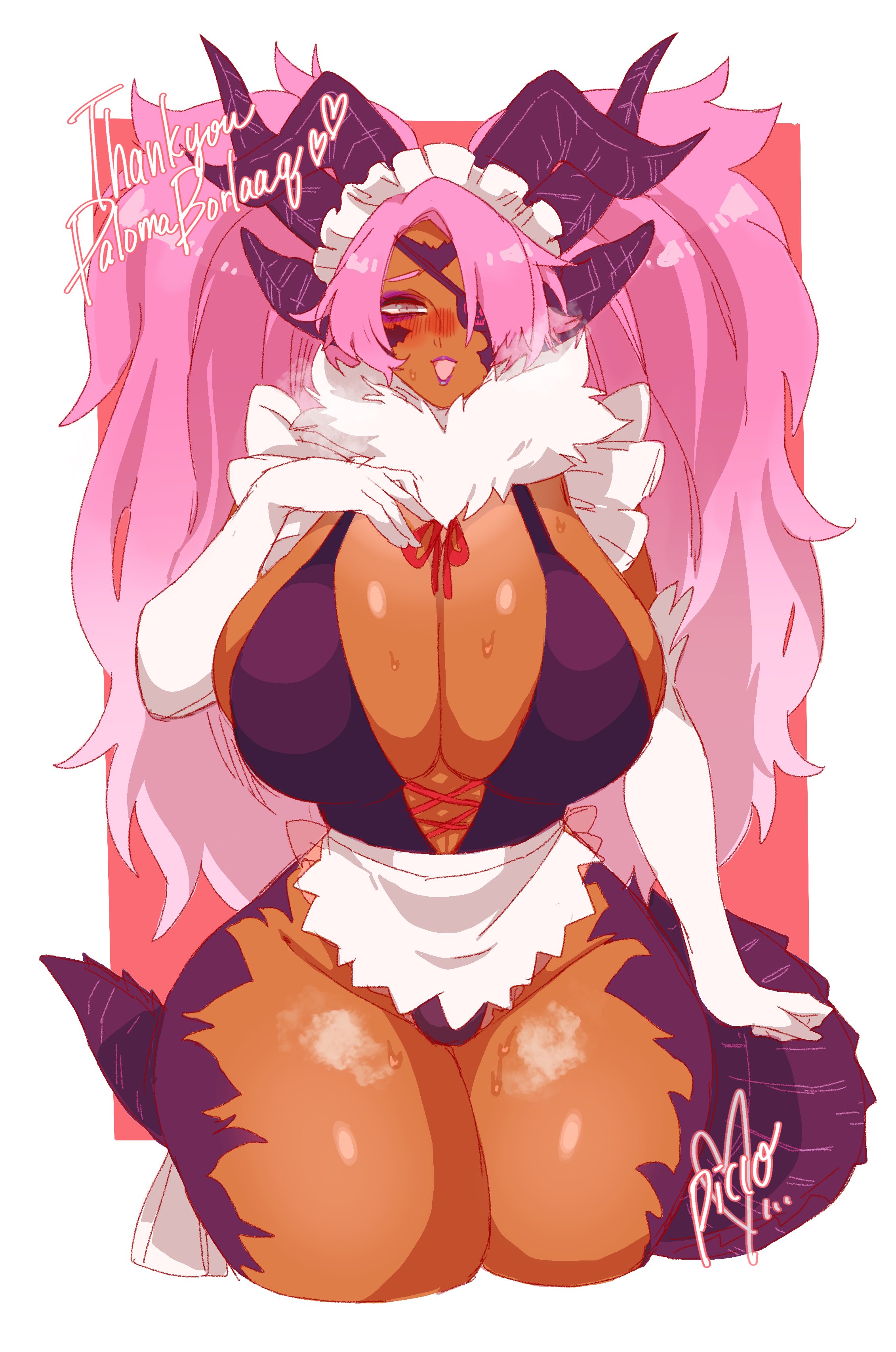 arm gloves, au ra, big breasts, blush, breasts, dark skin, dark-skinned female, eyepatch, female, final fantasy, final fantasy xiv, hand on chest, horns, legs together, leotard, long hair, looking at viewer, narrowed eyes, open mouth, paloma borlaaq, picco, pink hair, scales, steam, tail, thick thighs, twintails, very high resolution, voluptuous, xaela