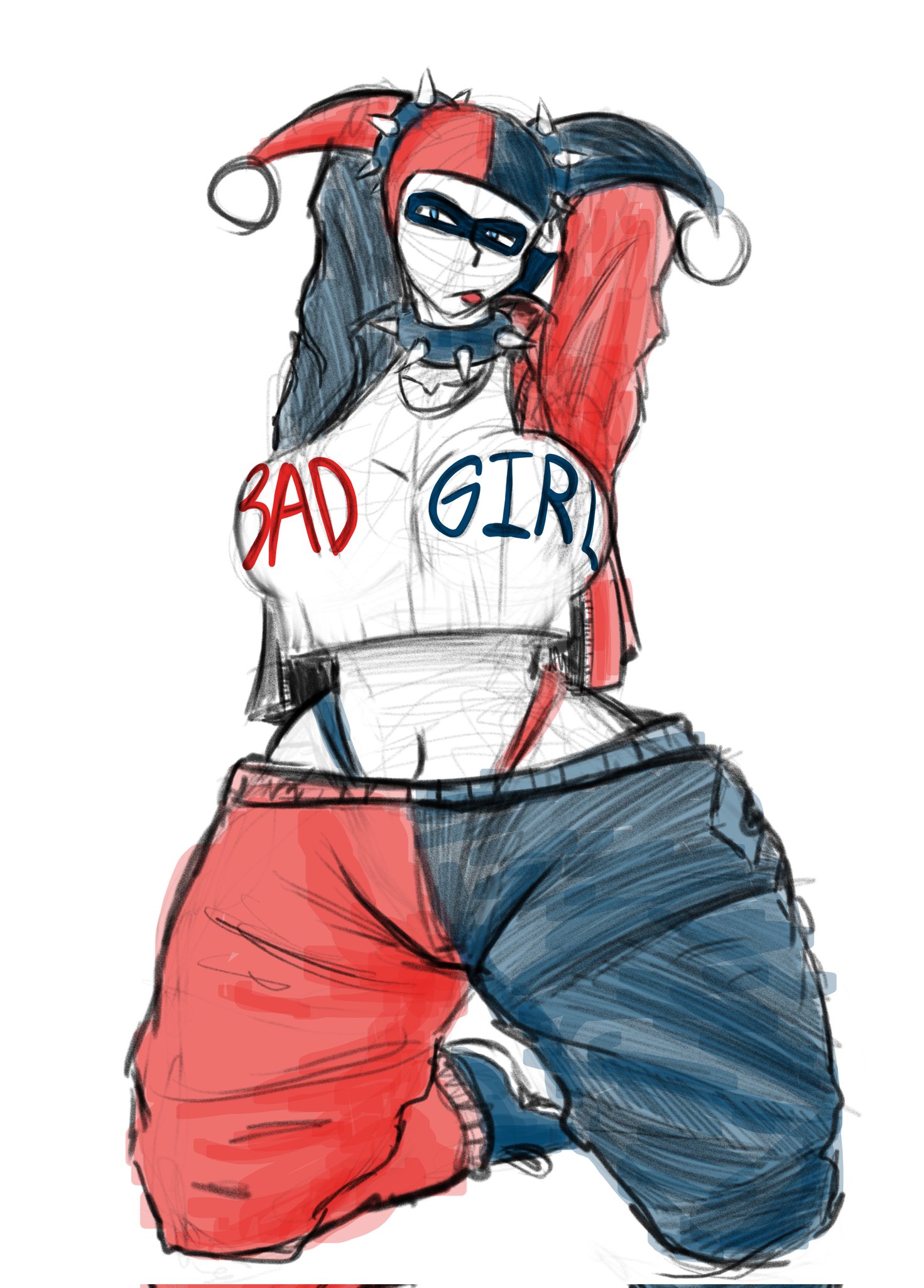 1girls, 2d (artwork), arms behind head, big breasts, busty, clown girl, dc comics, digital drawing (artwork), exposed midriff, female, female thick thighs, harley quinn, harley quinn (classic), jester, kneeling, midriff, navel, on knees, pinup, pose, posing, punk, punk girl, punk harley quinn (superbone), sensual, sexy, sexy pose, spiked collar, superbone, thong, voluptuous, whale tail, whale tail (clothing), white skin