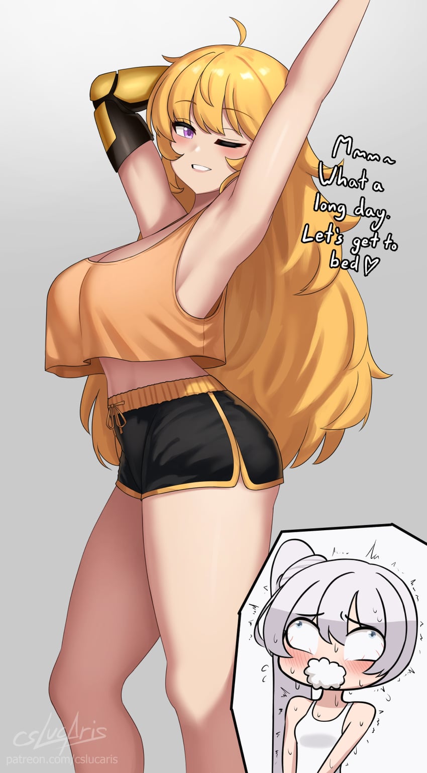 2girls, artist name, big breasts, blonde hair, clothing, cslucaris, drooling, long hair, one eye closed, patreon username, pink eyes, prosthetic, prosthetic arm, rwby, saliva, shirt, shorts, signature, stretching, viz media, weiss schnee, white hair, yang xiao long