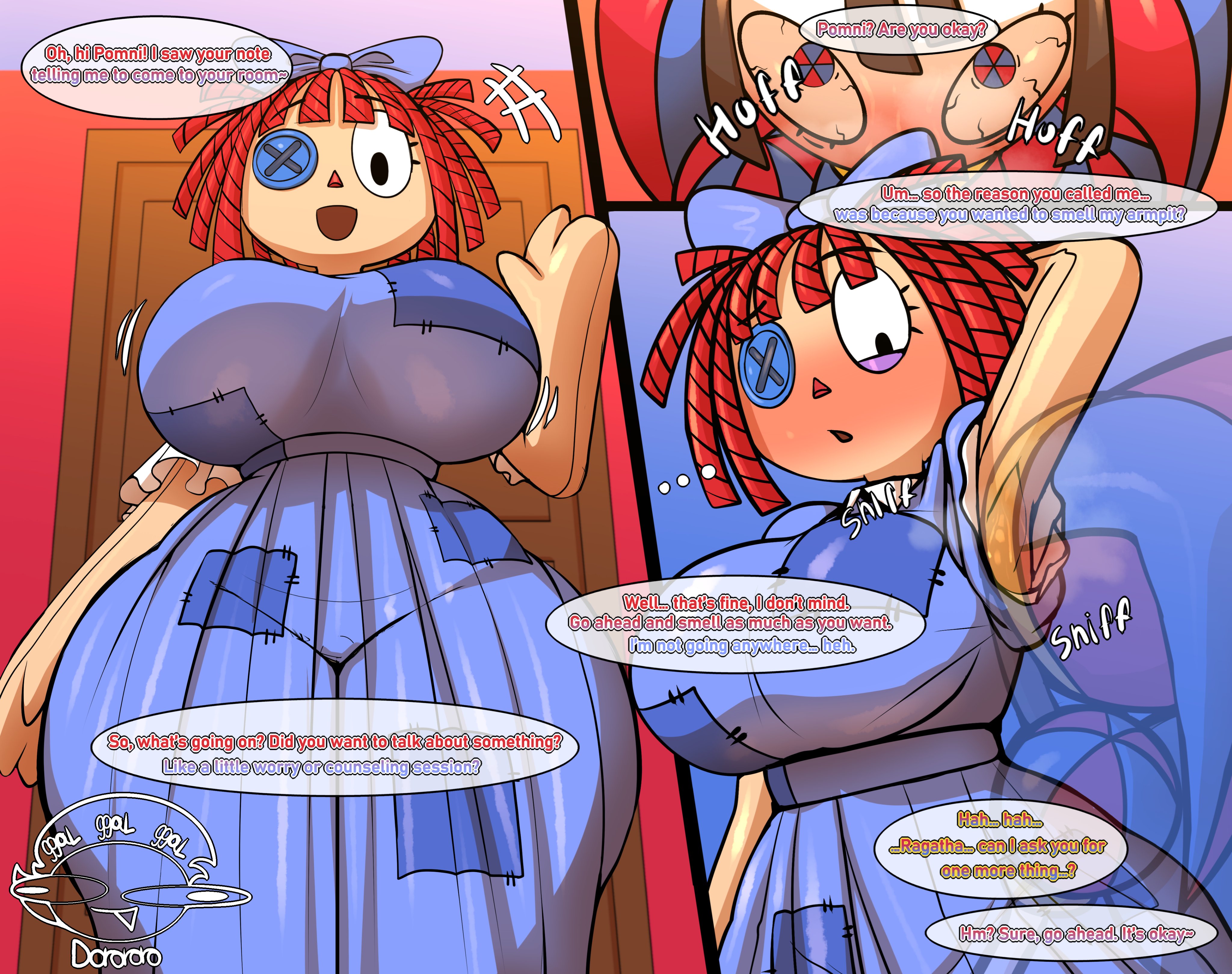 1futa, 1girls, 2026, 2girls, armpit fetish, armpits, blush, comic page, da ra ra ra, fat ass, futanari, glitch productions, gooseworx, huge breasts, licking armpit, looking down, page 1, pomni, pomni (tadc), pomni (the amazing digital circus), ragatha, ragatha (tadc), ragatha (the amazing digital circus), shiny breasts, tagme, text, the amazing digital circus, thicc, thick thighs