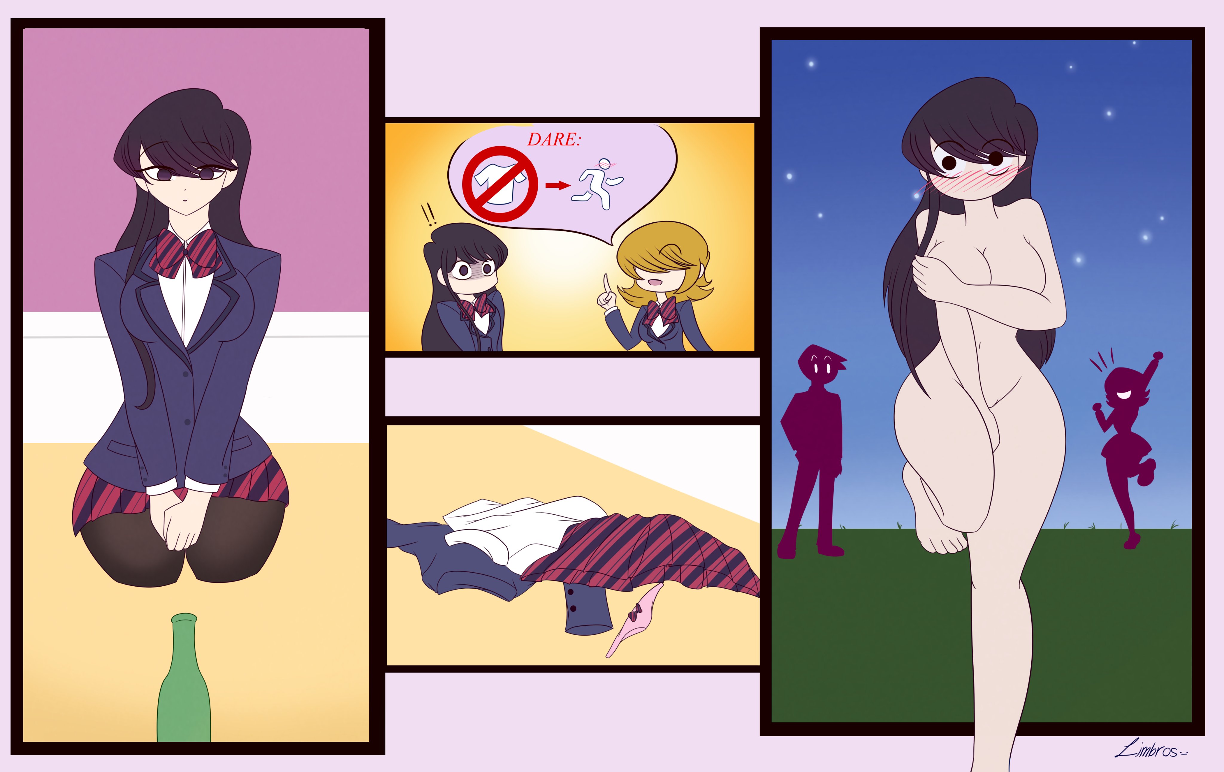 1boy, 2girls, breasts, clothed, clothing, completely nude, covering, covering breasts, covering crotch, covering self, embarrassed, embarrassed nude female, enf, exhibitionism, female, komi shouko, komi-san wa komyushou desu, limbros, male, naked, naked female, no mouth, nude, nude female, public, public nudity, streaking, tagme, text
