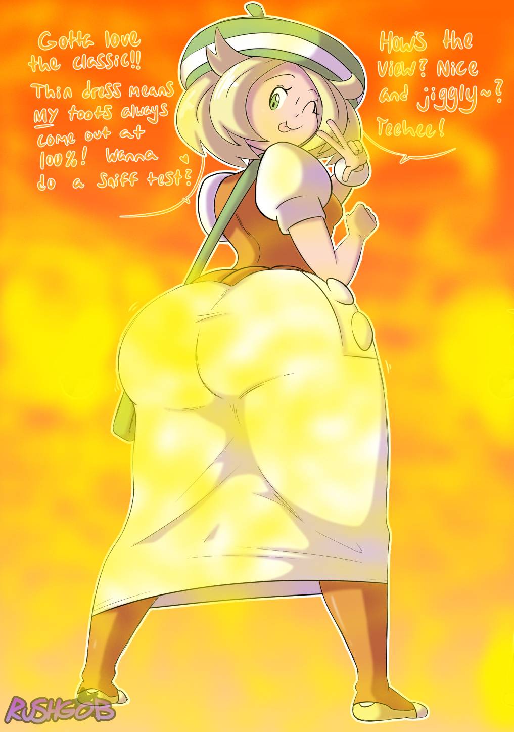 1girls, ass, bag, beret, bianca (pokemon), big ass, big butt, blonde hair, bracelet, brap, bubble ass, bubble butt, comic, cute, fart, fart cloud, fart fetish, farting, farting at viewer, female, gameplay mechanics, gobrush, gradient background, huge ass, looking down, nintendo, outline, pokemon, pokemon bw, rushgob, short hair, smell, smelly, smelly ass, smile, smiling, speech, stinky, stinky ass, text, thighhighs, tongue out, white outline, winking