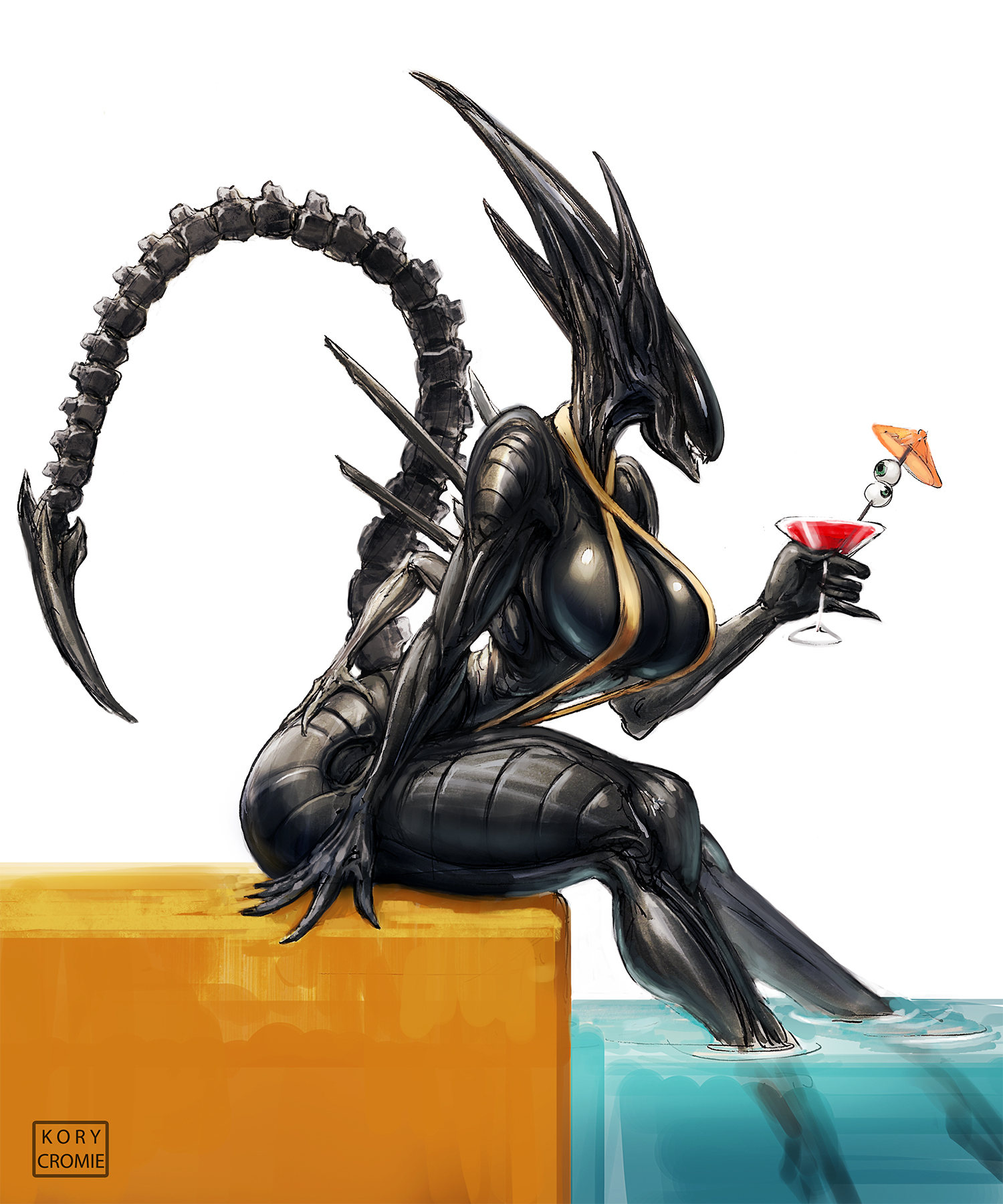 1girls, 2d, alien, alien (franchise), alien girl, alien humanoid, ass, bikini, black body, breasts, drinking, exoskeleton, female xenomorph, holding, kory cromie, large breasts, pool, side view, sitting, slim waist, smile, tagme, tail, thick thighs, wide hips, xenomorph, xenomorph queen, xenomorph tail
