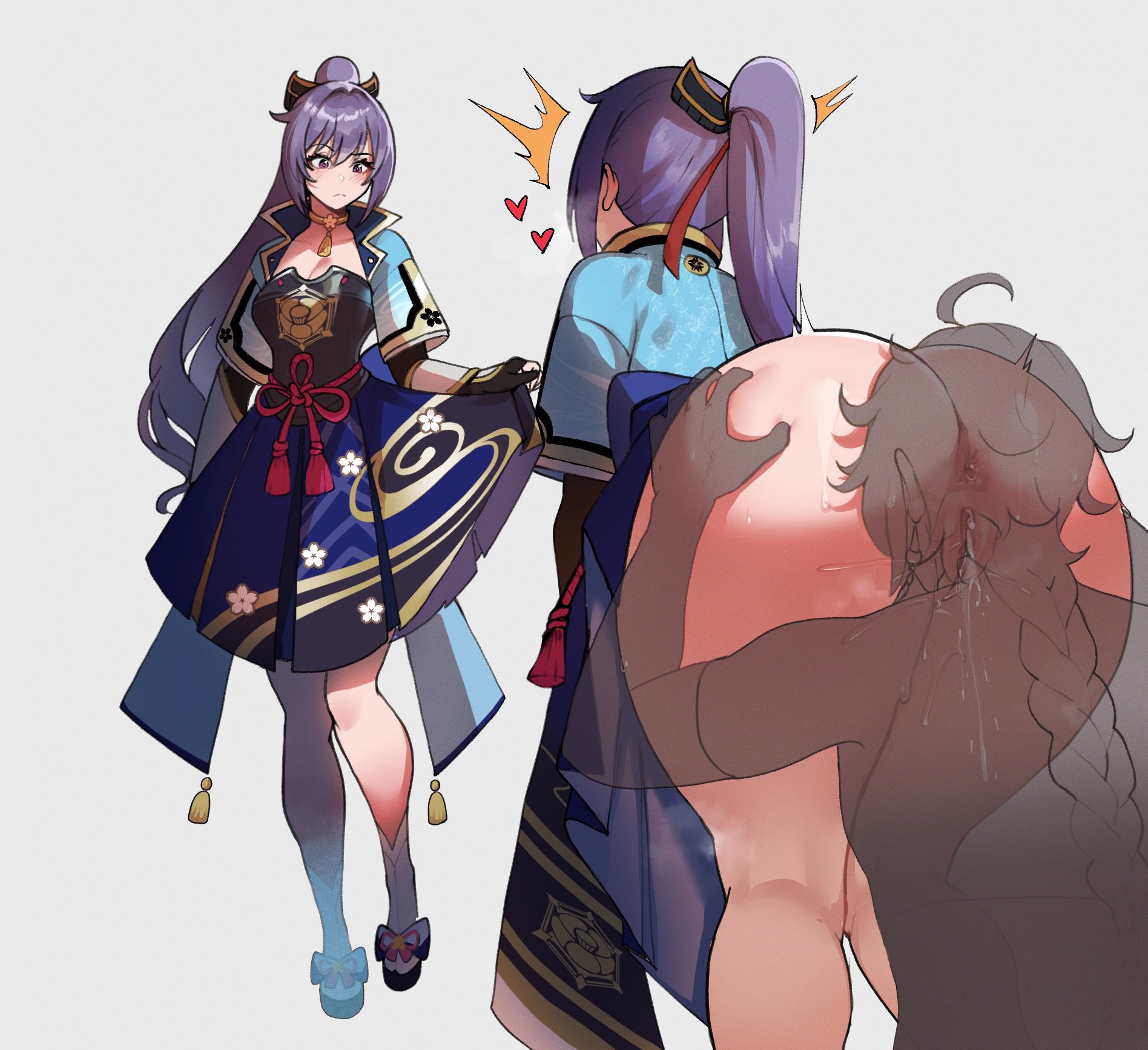 1boy, 1girl, aether (genshin impact), alternate costume, anal fluid, anus, ass, ayaka (genshin impact), blush, breasts, commentary, cosplay, cunnilingus, dress, english commentary, face in ass, female ejaculation, female orgasm, genshin impact, gloves, hair ornament, heart, hetero, highres, kamisato ayaka (cosplay), keqing (genshin impact), long hair, long sleeves, oral, orgasm, purple eyes, purple hair, pussy juice, see-through clothes, see-through silhouette, short sleeves, simple background, solo focus, thiccwithaq, variant set, white background