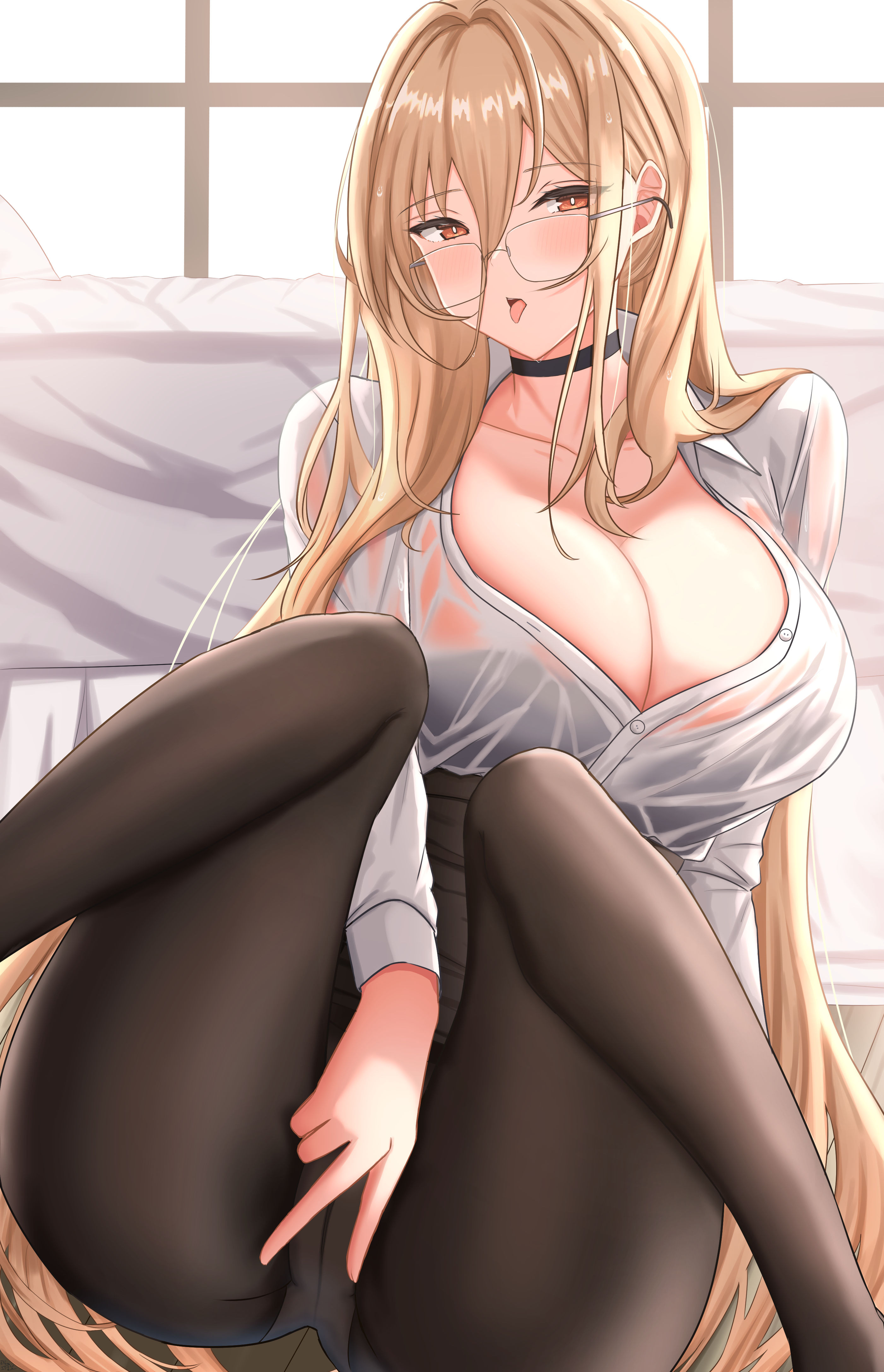 1girls, absurdres, azur lane, beautiful woman, black bra, black choker, black pantyhose, blonde hair, bra, bra visible through clothes, breasts, choker, elina (eri15), emotionless female, feet out of frame, glasses, hair between eyes, heavenly body, high-waist skirt, highres, huge breasts, implacable (azur lane), implacable (shepherd of the "lost") (azur lane), long hair, mature woman, office lady, official alternate costume, orange eyes, panties, panties under pantyhose, pantyhose, partially unbuttoned, pencil skirt, see-through clothes, see-through shirt, shirt tucked in, skirt, skirt around belly, solo, unbothered, underwear, very long hair, white panties