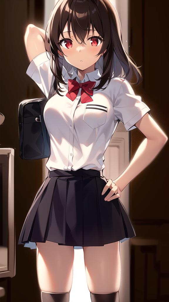 ai_generated brown_hair hair_between_eyes hentai high_resolution highres jitaku_keibiin katsuragi_yuki long_hair nai_diffusion red_eyes school school_uniform schoolgirl_uniform shiny_clothes shiny_hair shiny_skin skyrimgamer17 stable_diffusion