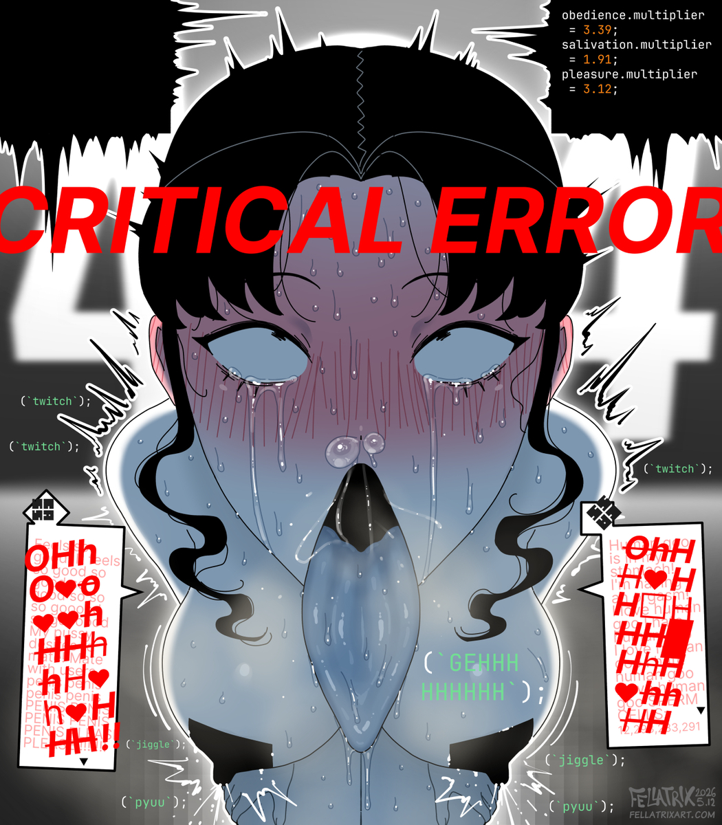 cass (fellatrix), error message, fellatrix, robot girl, struggling, swallowing cum, tears