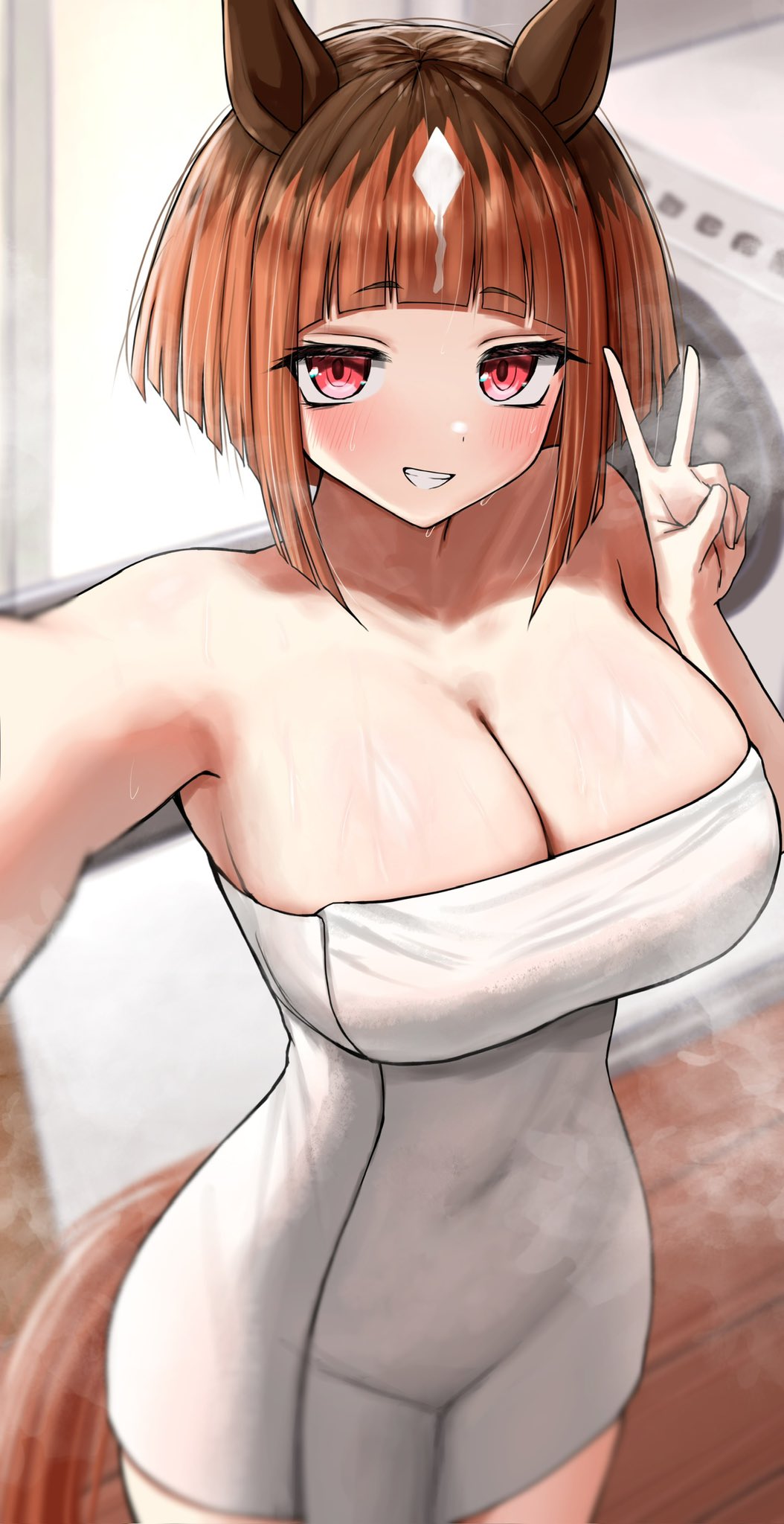 1girls, after bathing, alternate costume, animal ears, bare shoulders, blurry, blurry background, blush, breasts, brown hair, cleavage, commentary request, commission, covered navel, cowboy shot, grin, highres, horse ears, horse girl, horse tail, indoors, large breasts, multicolored hair, naked towel, red eyes, selfie, short hair, skeb commission, smile, solo, steaming body, streaked hair, sukenoha, sweat, tail, towel, transcend (umamusume), umamusume, v, visible air, washing machine, white hair, wooden floor