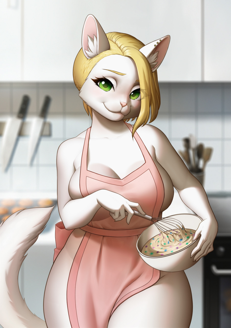 1girls 2d blonde_hair breasts feline green_eyes kiko_kempt_(kikokitty) naked_apron shaved_side short_hair sogolina solo white_fur