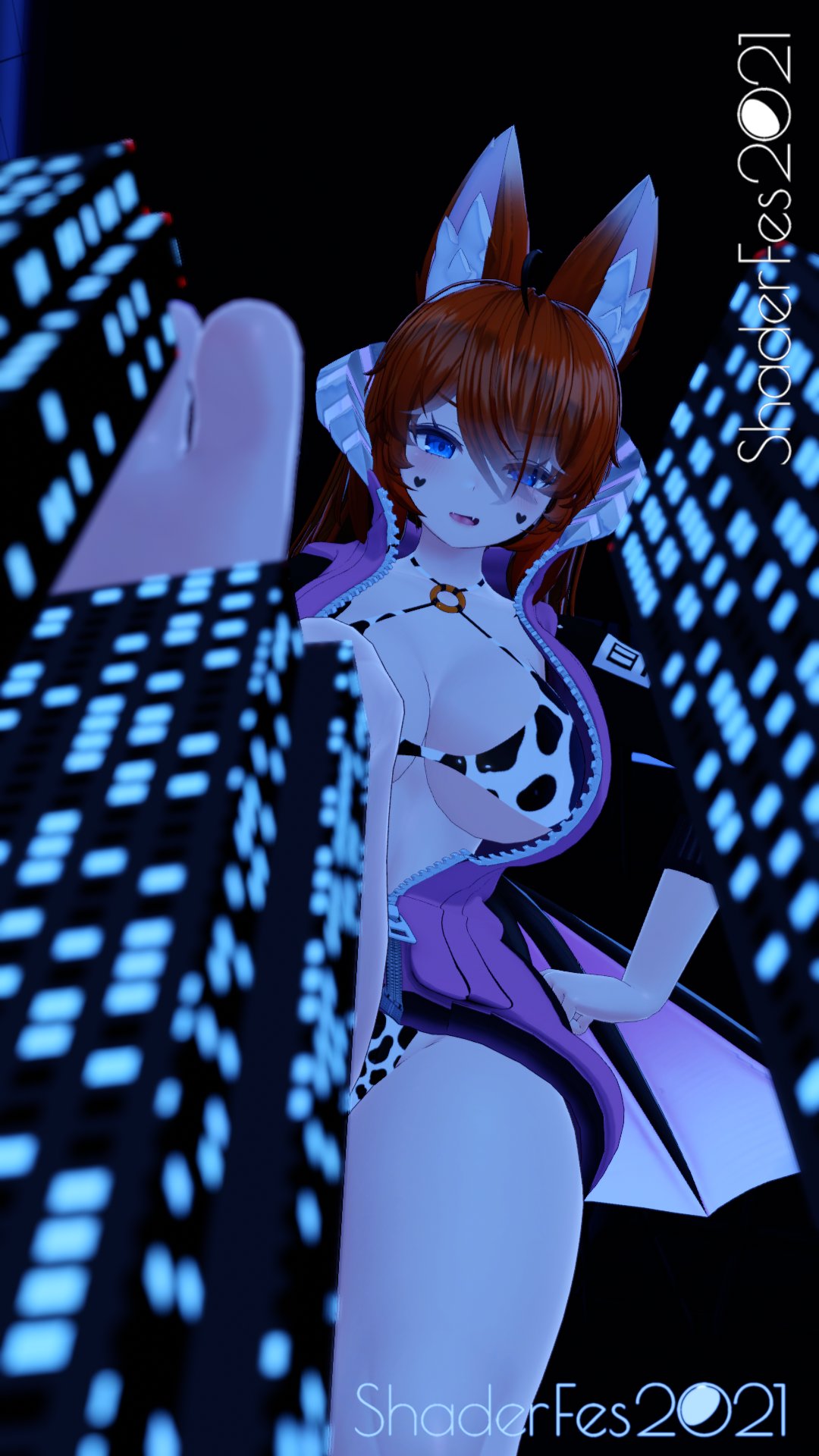 3d ahoge bikini bikini_top blue_eyes city city_background cityscape cleavage cow_print cow_print_bikini cow_print_panties fox_ears fox_girl giant giantess ginger_hair glubbable horns large_breasts panties smug stepped_on stepping succubus thick_thighs unzipped unzipped_jacket virtual_youtuber vrchat vrchat_avatar