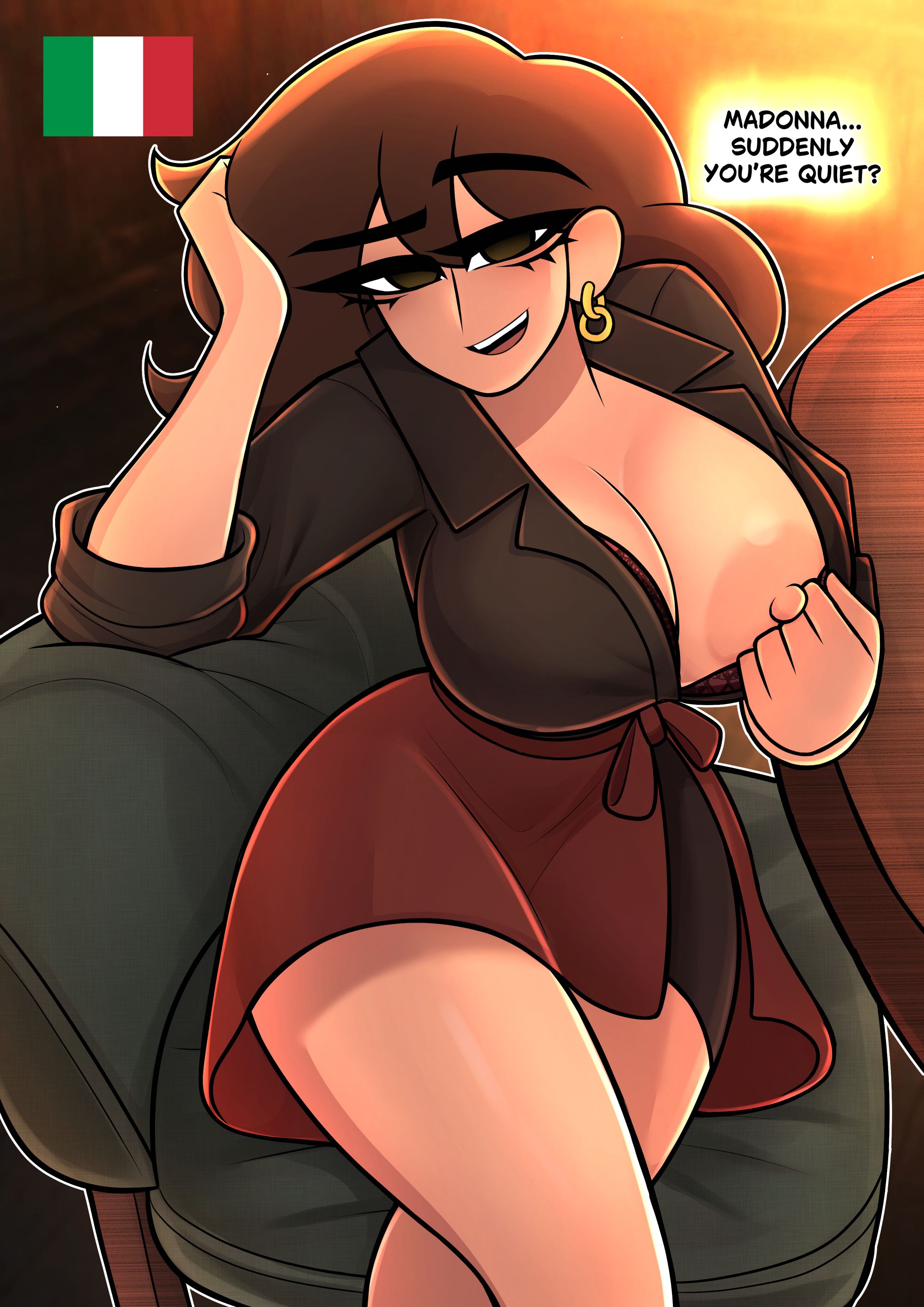 1girls, alessia (what if animation), big booba, big boobs, big breasts, big nipples, brown eyes, brown hair, brunette, brunette female, earrings, gold earrings, gold jewelry, italian, italian female, italian flag, italy (what if animation), lacy bra, looking at viewer, national personification, original, patreon, red bra, table, teasing female, undressing, unseen character, what if animation (artist)
