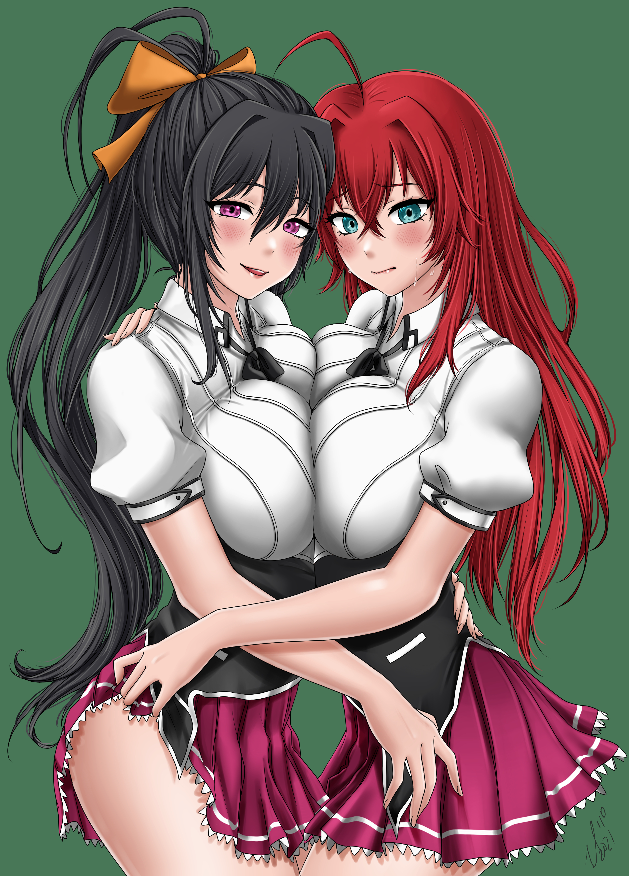 2girls, akeno himejima, baileymcpatty, big breasts, black hair, blank background, blue eyes, blush, breast press, breasts, busty, curvy, curvy female, female, female only, high school dxd, huge breasts, long hair, looking at viewer, multiple girls, ponytail, purple eyes, red hair, rias gremory, school uniform, shirt, skirt, sweat, symmetrical docking, thick thighs, voluptuous, yuri