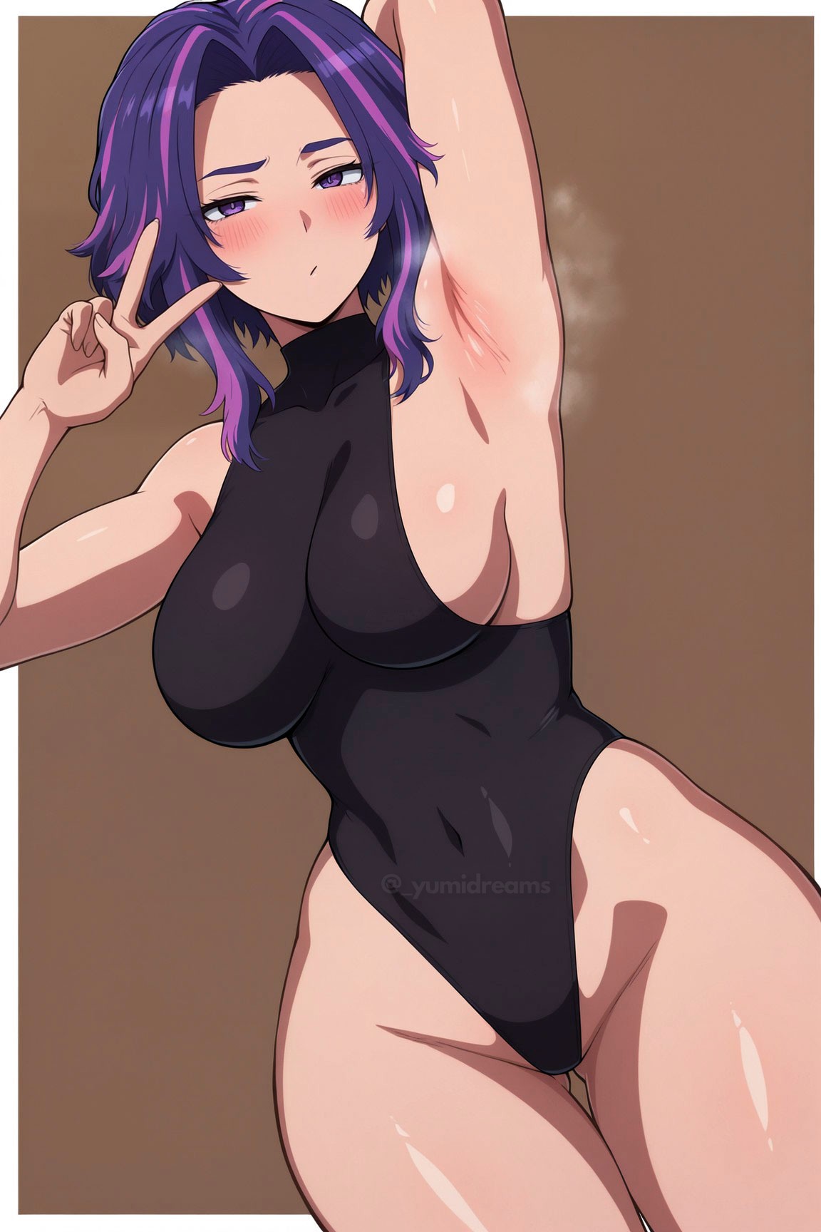  yumidreams, 1girl, 1girls, ai generated, arm behind head, arm up, armpit fetish, armpits, ass visible through thighs, bare shoulders, black leotard, blush, boku no hero academia, border, breasts, brown background, covered collarbone, covered navel, cowboy shot, highleg, highleg leotard, lady nagant, large breasts, leotard, looking at viewer, medium hair, multicolored hair, my hero academia, presenting armpit, purple eyes, purple hair, purple-haired female, selfie, shiny, short hair, short hair with long locks, sideboob, sidelocks, sleeveless turtleneck, smelly armpits, solo, steaming body, streaked hair, thigh gap, thighs, two-tone hair, v, white border