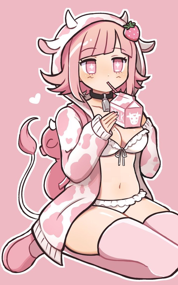 1girls cow_bikini cow_girl danganronpa danganronpa_2:_goodbye_despair drinking milk nanami_chiaki pink_eyes pink_hair straight_hair straw strawberry_milk