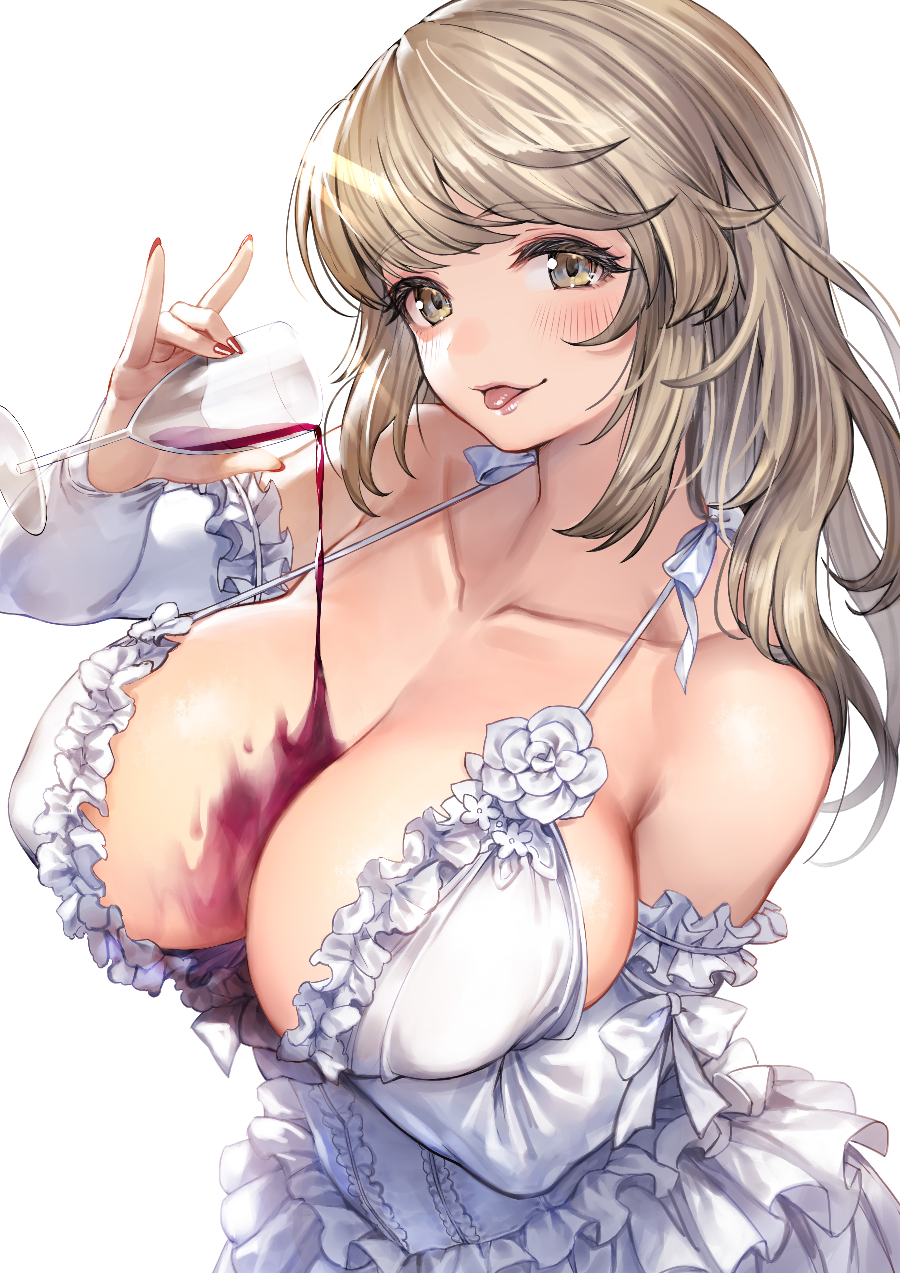 :p, absurdres, alcohol, arm under breasts, bangs, bare shoulders, blush, breasts, brown eyes, brown hair, center opening, cup, dress, drinking glass, elbow gloves, female, frilled dress, frills, from above, gloves, gougasha akira, highres, hinamori rico, holding, holding cup, huge breasts, indie virtual youtuber, long hair, looking at viewer, pouring, pouring onto self, red nails, simple background, solo, tongue, tongue out, virtual youtuber, white background, white dress, white gloves, wine, wine glass
