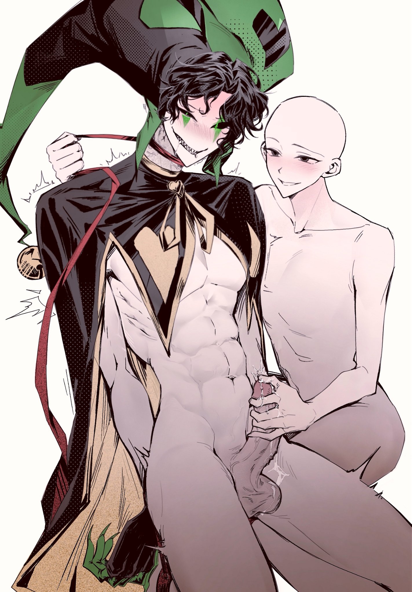 abs, almost naked, bald yn lmaooo, black hair, black sclera, blush, bondage, clawed fingers, dih, drool, gloves only, green clothing, green eyes, harlequin (the freak circus), jester hat, leash, leash pull, looking away, male, more dih, precum, sharp teeth, sinzin53339, size difference, slim waist, teasing, the freak circus, tied, tied hands, wavy hair, what is that thing hes wearing i forgor, white skin, wooh harlequin post, y/n