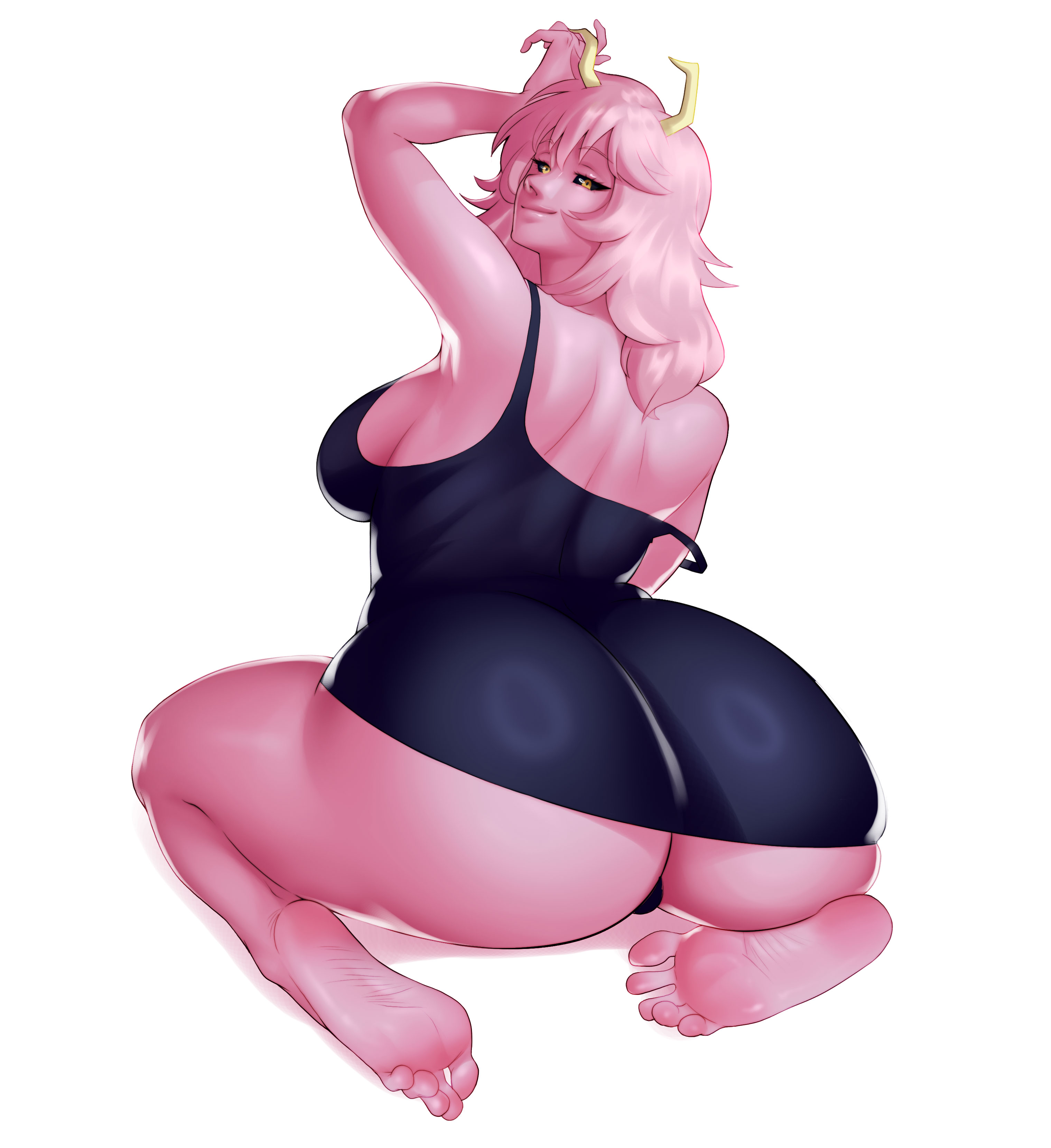 1girls, ashido mina time-skip, ass, barefoot, boku no hero academia, croissama, dress, feet, female, female focus, female only, large ass, long hair, mina ashido, mina ashido curvy (meme), mina ashido time-skip, my hero academia, my hero academia (finale), pink body, pink hair, post-timeskip, soles, solo, thick thighs, thighs, toes, wide hips